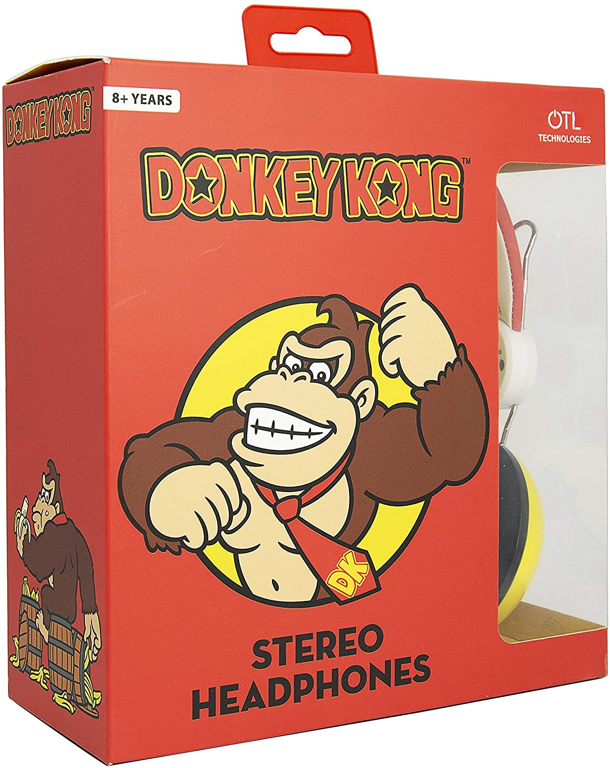 Pudełko słuchawek stereo Donkey Kong. Czerwone z grafiką Donkey Kong. W środku słuchawki. 8+ lat.