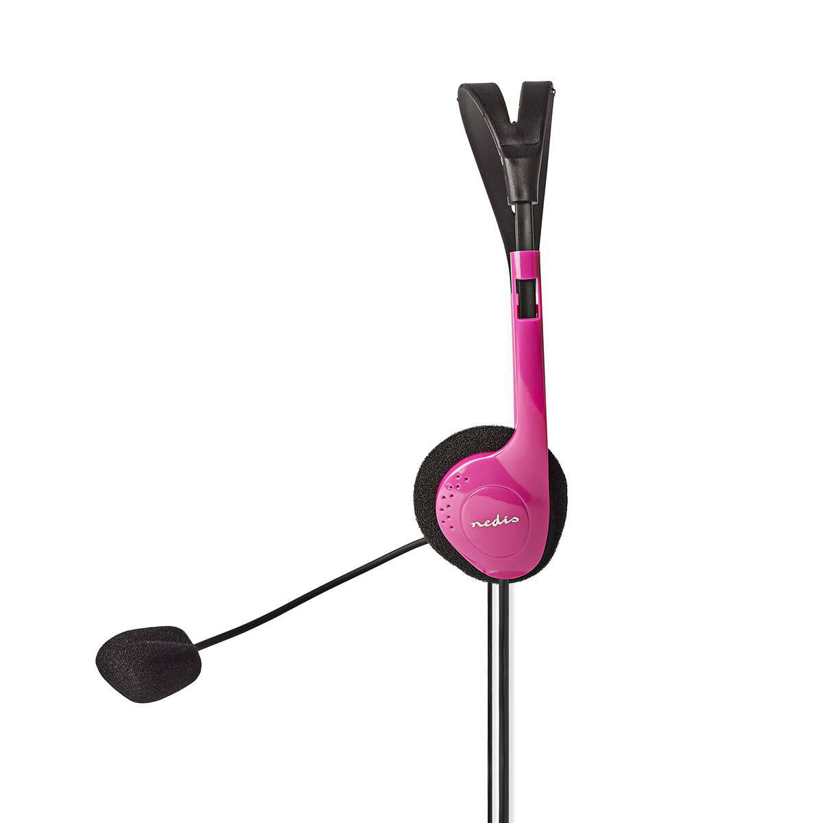 Een roze en zwarte headset met microfoon. De oorschelp heeft het woord 'nedis'.