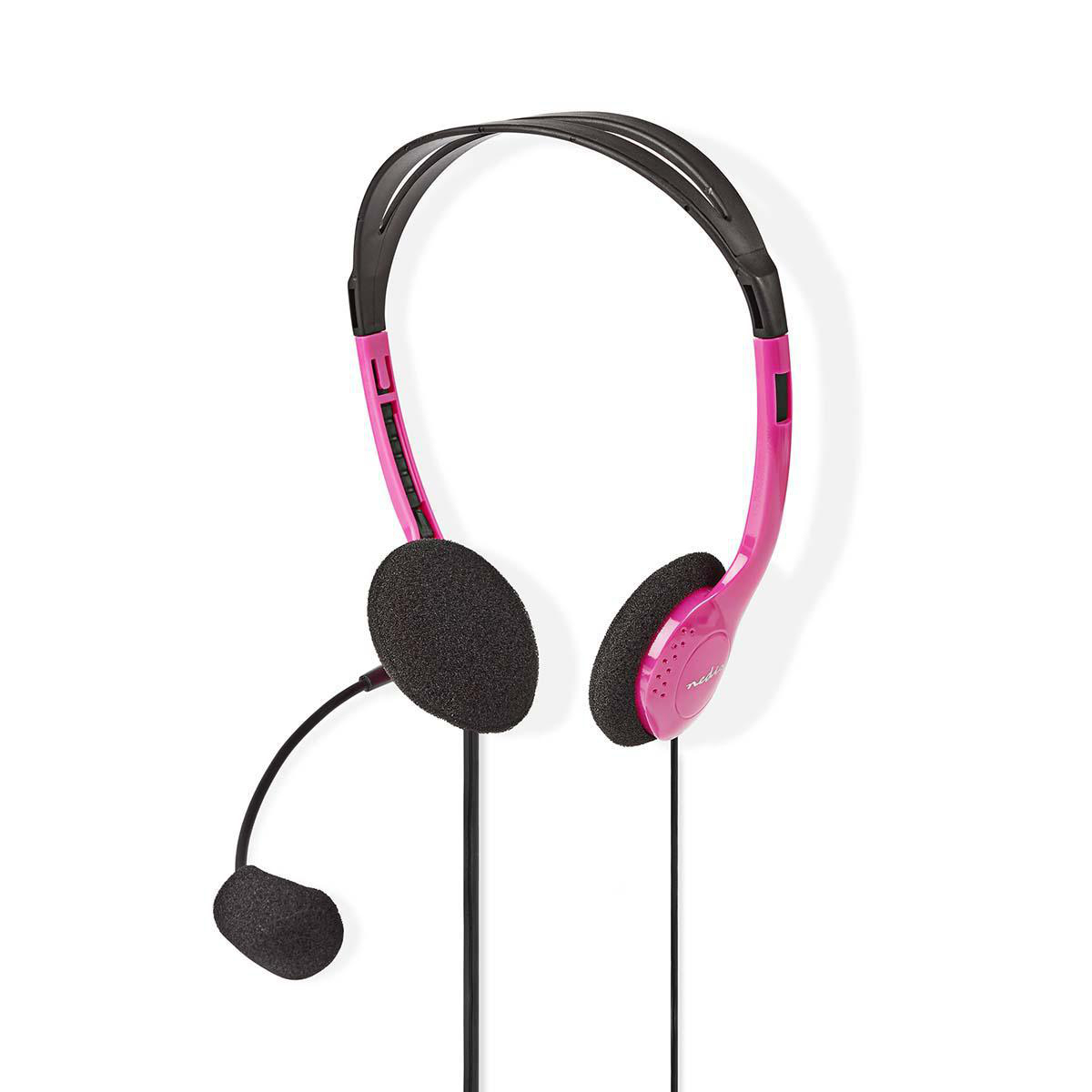 Roze en zwarte hoofdtelefoon met een microfoon, op een witte achtergrond.