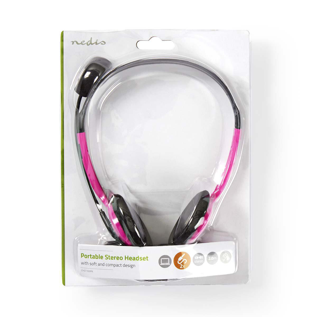 Een stereo headset in de verpakking. De headset is roze en zwart, met een eenvoudig ontwerp.