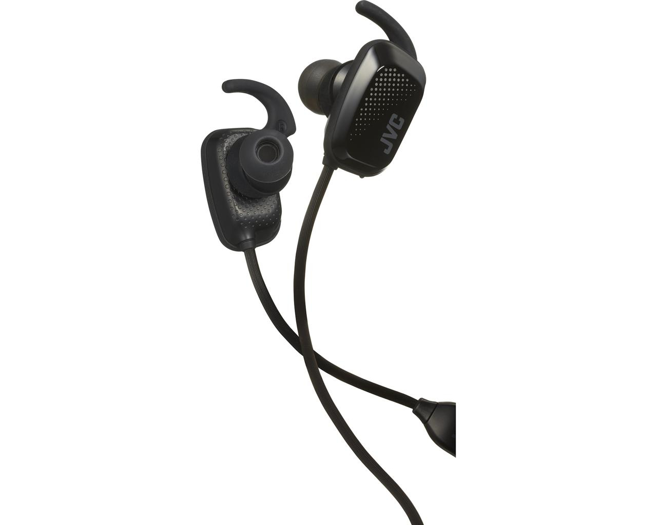 Black JVC earbuds with a microphone. They are angled, showing the earbud details.