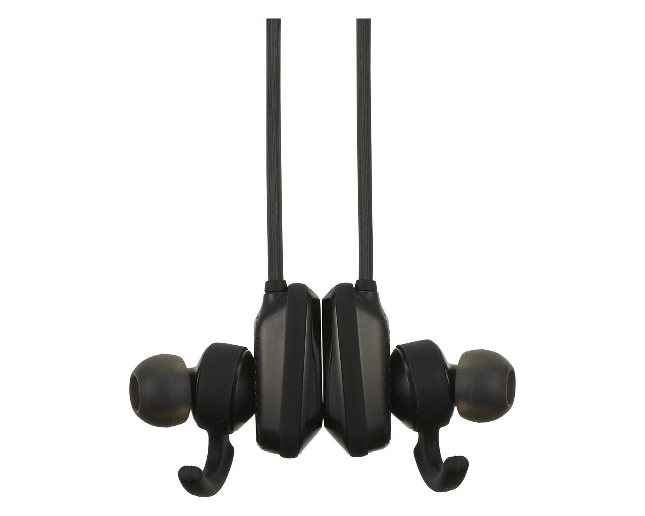 Black wireless earbuds with ear hooks. White background.