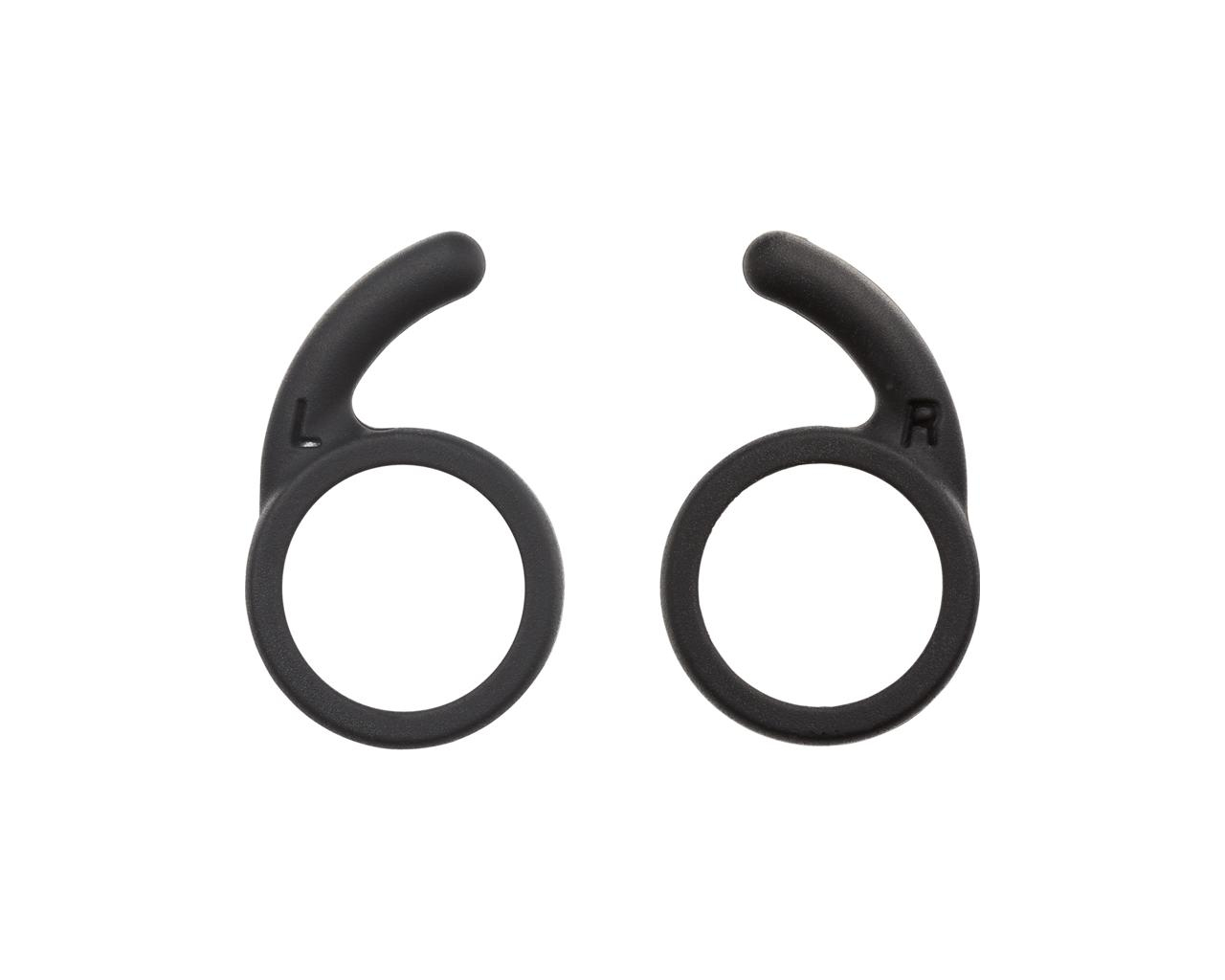 Two black earphone hooks, labeled L and R, for a secure fit.
