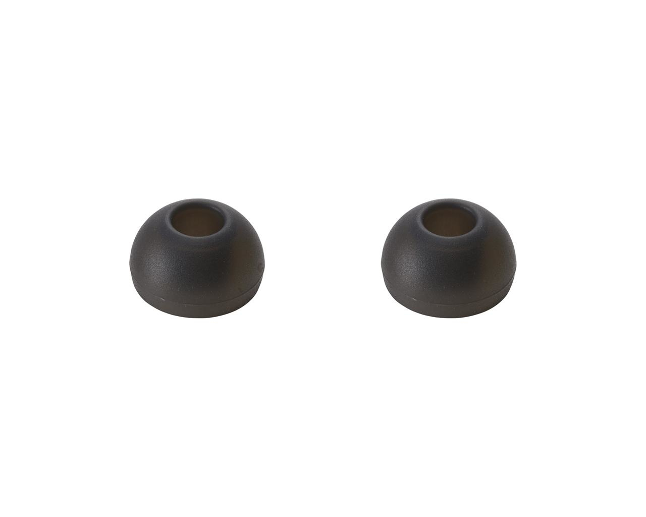 Two dark gray earbud tips, isolated on a white background. Simple, clean, and minimalist.