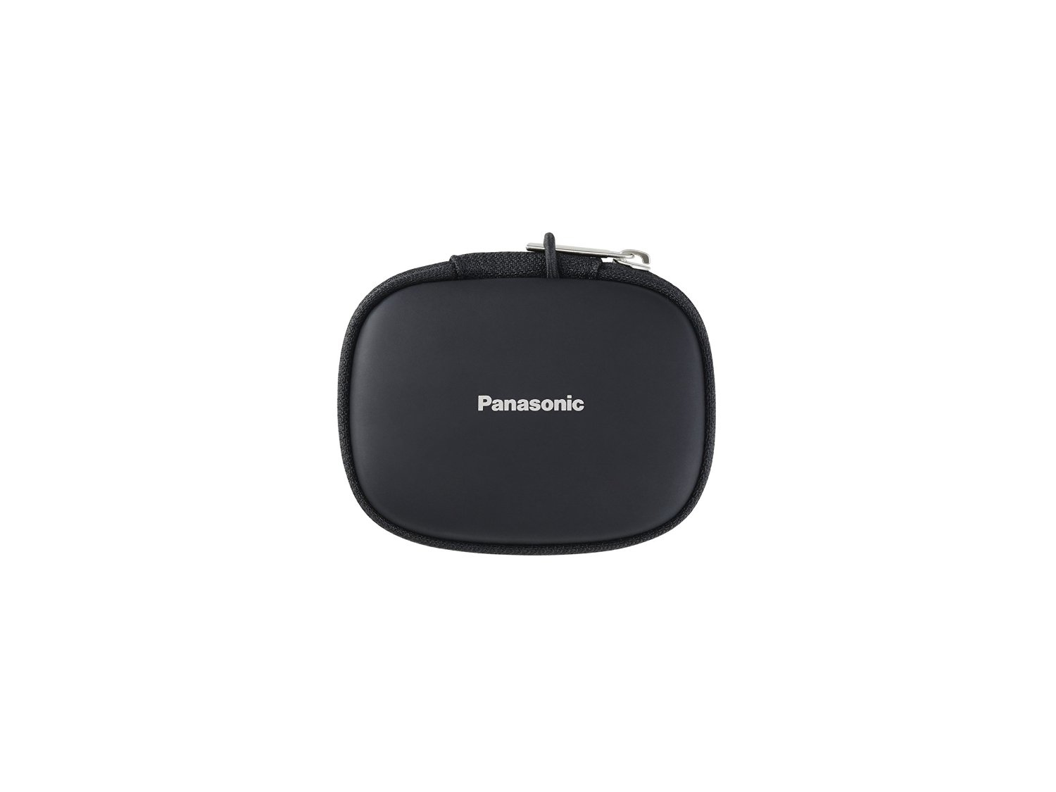 Beyaz 'Panasonic' logosu olan siyah, yuvarlak bir çanta. Elektronik cihazlar için bir taşıma çantasıdır.