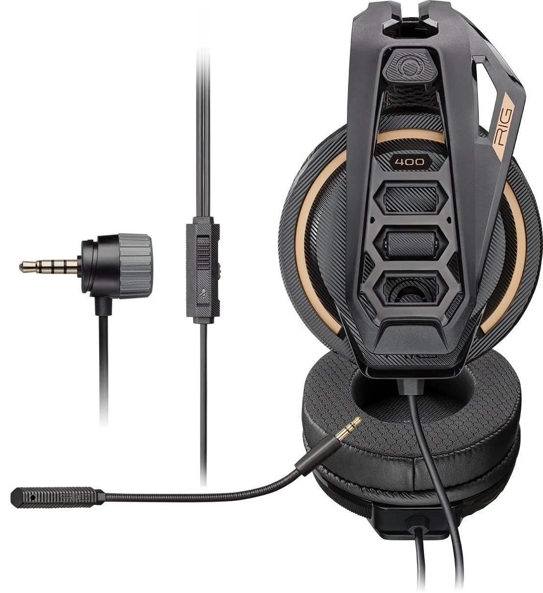 Czarno-złoty zestaw słuchawkowy dla graczy z mikrofonem i gniazdem 3,5 mm. Białe tło.