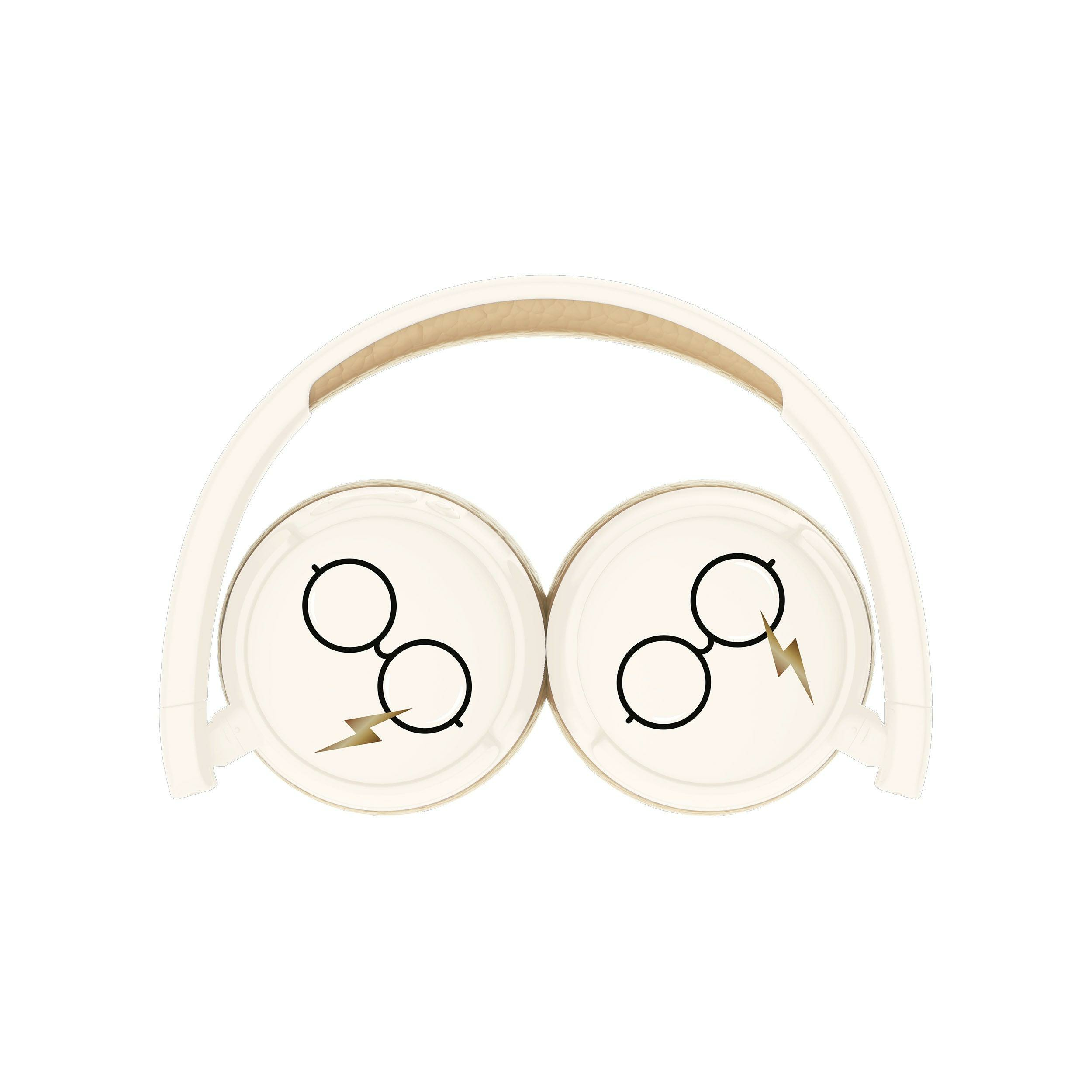 Cuffie bianche con logo occhiali Harry Potter e fulmine sui padiglioni. Sfondo bianco.