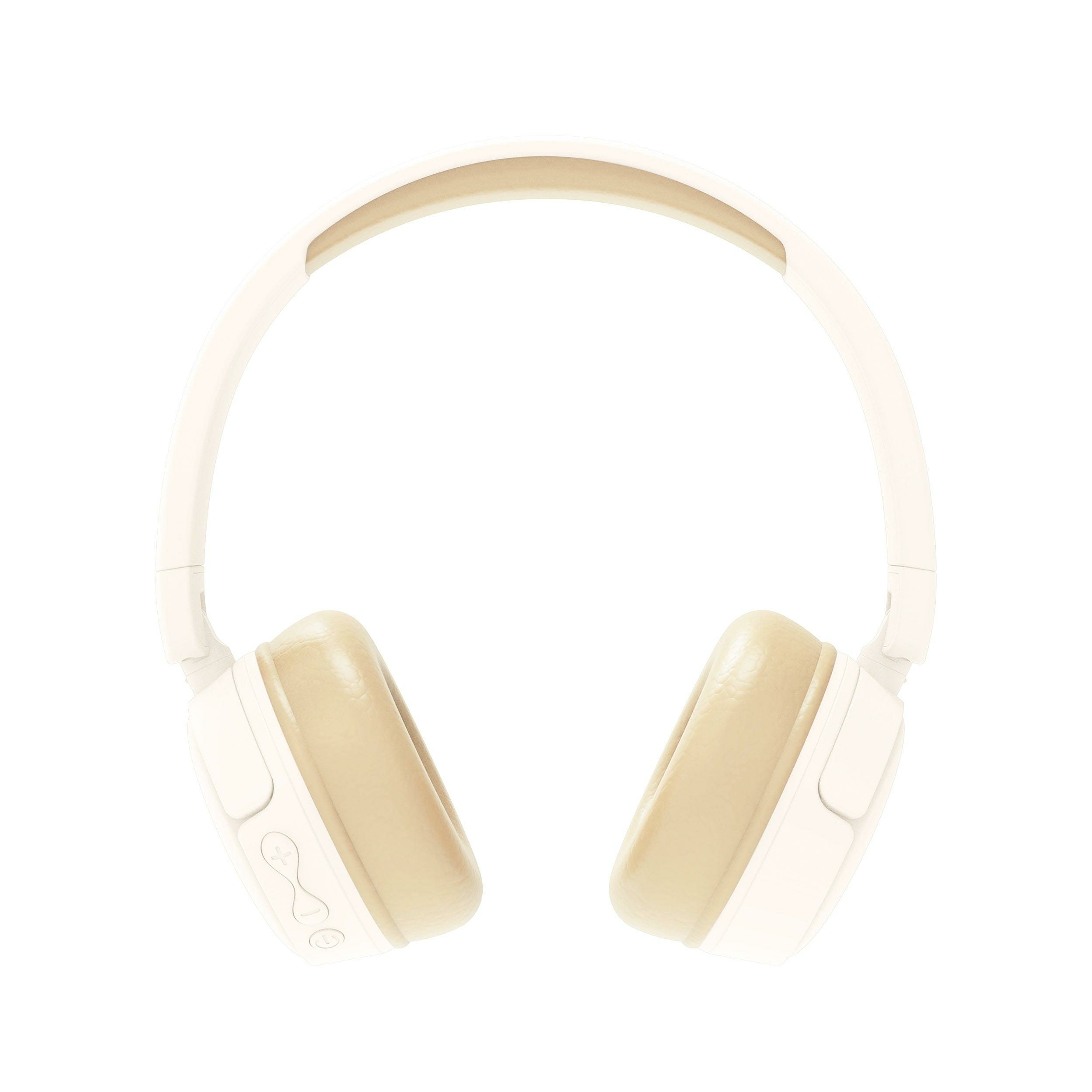 Cuffie over-ear color crema su sfondo bianco. Design semplice e pulito.
