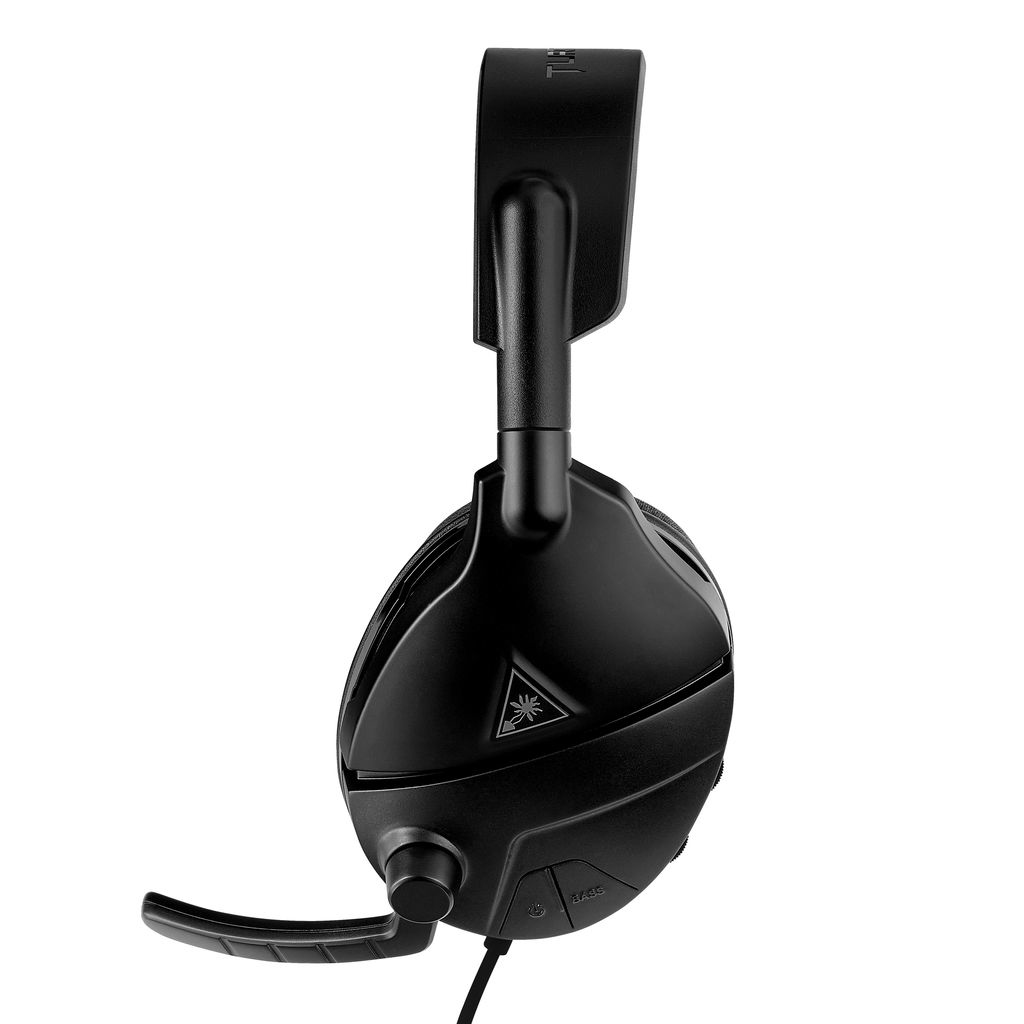 Schwarzes Gaming-Headset. Seitenansicht. Mikrofon und Bedienelemente auf der linken Seite. Turtle Beach-Logo rechts.
