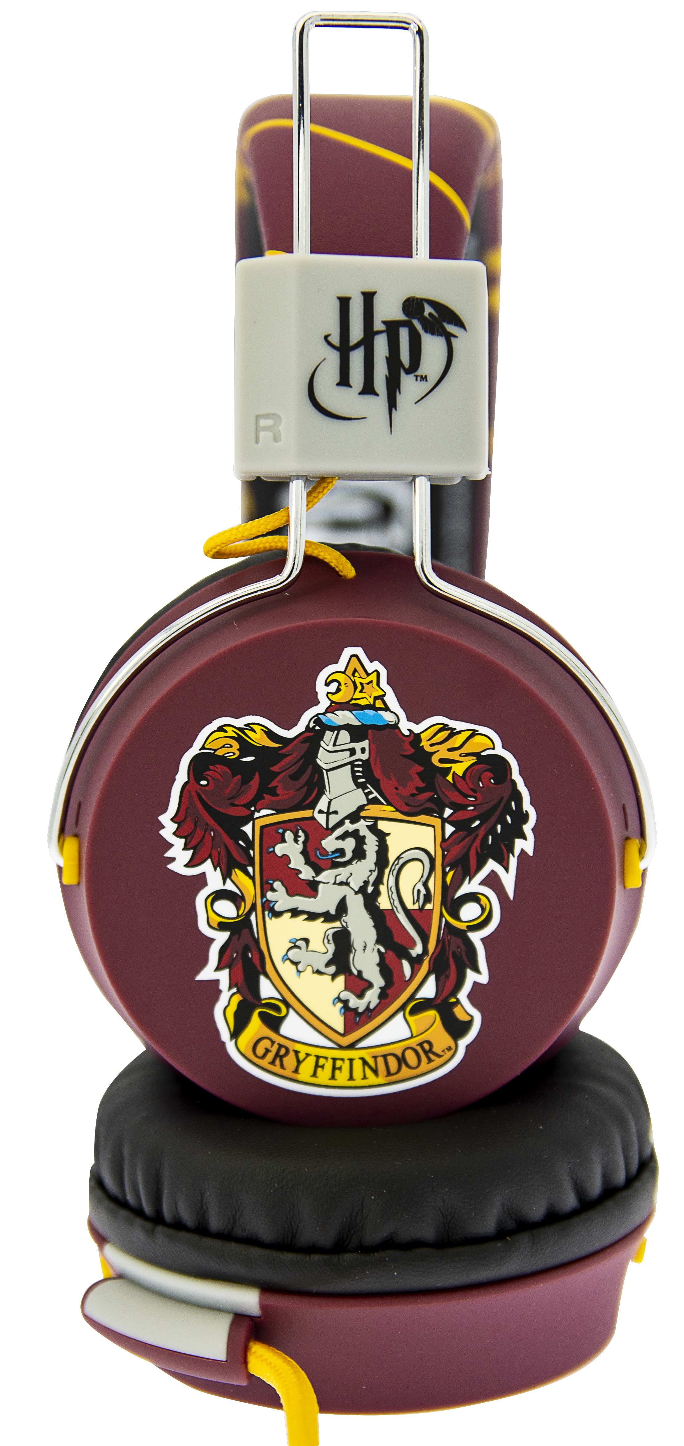 Harry Potter Kopfhörer mit Gryffindor Wappen und Logo, auf weißem Hintergrund.