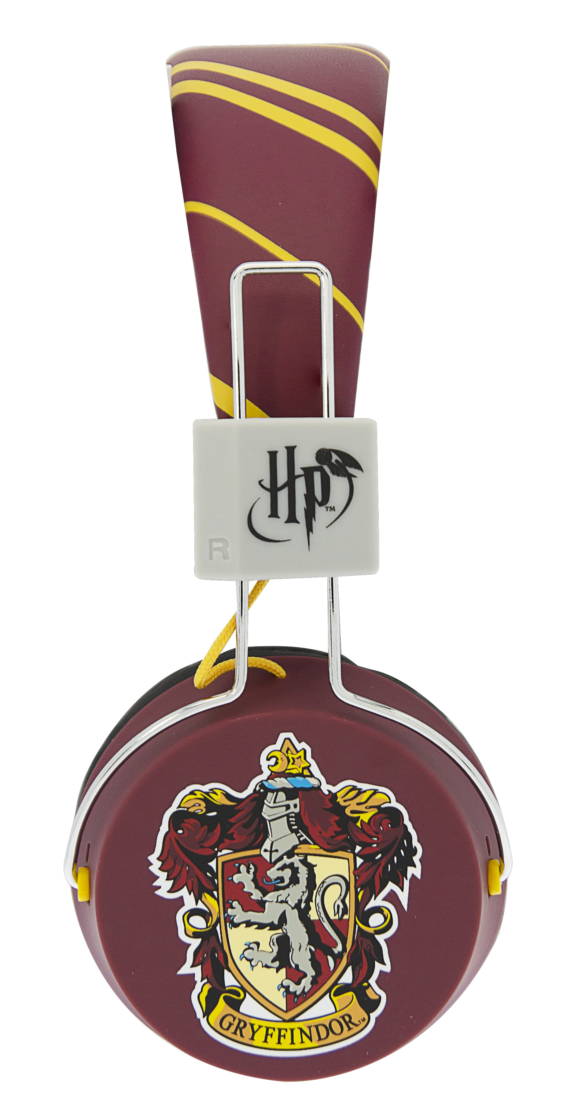 Harry Potter Kopfhörer. Weinrot und Gold. Gryffindor Wappen seitlich.