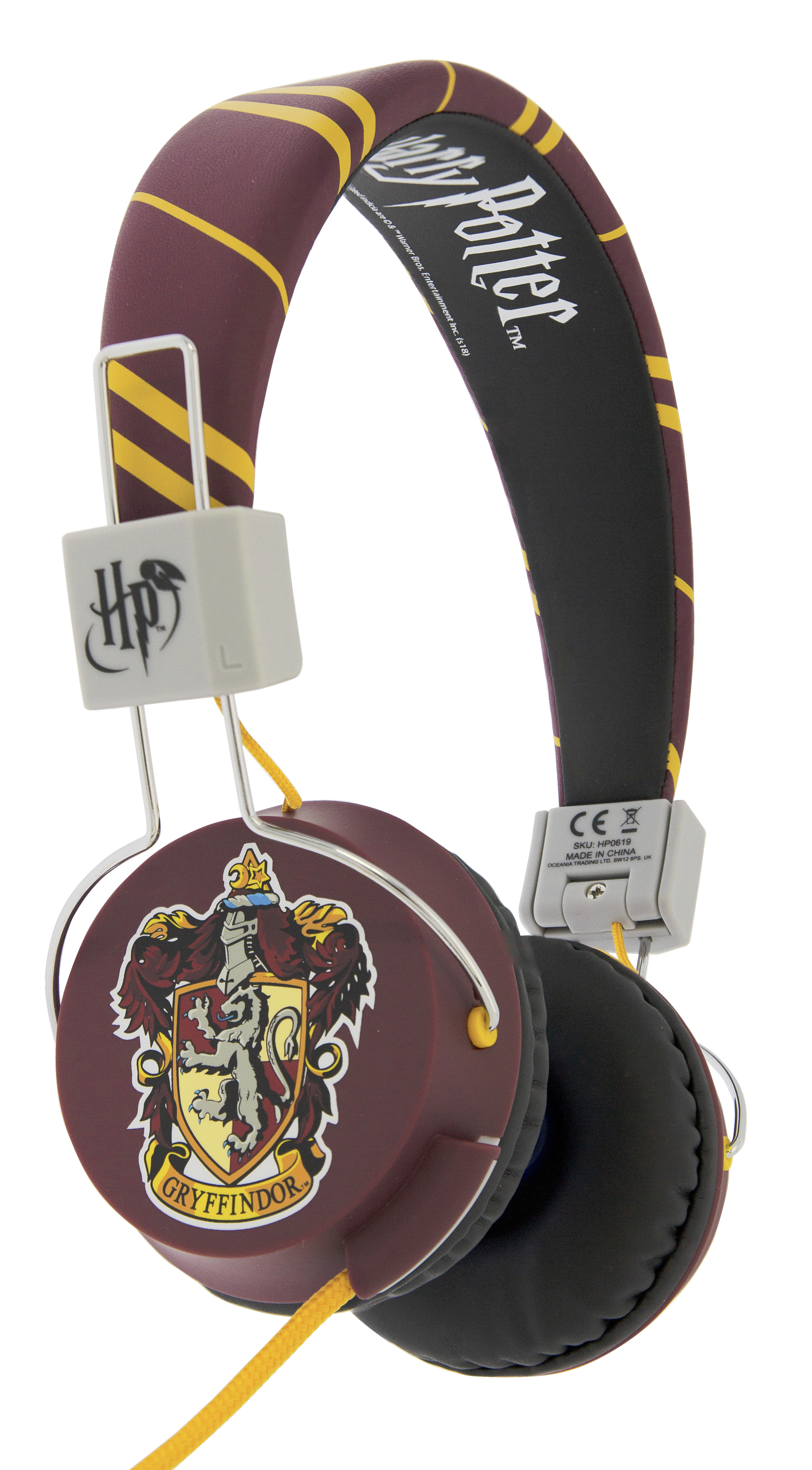 Harry Potter Kopfhörer mit Gryffindor-Wappen. Gold- und Kastanienbraun-Farbschema.