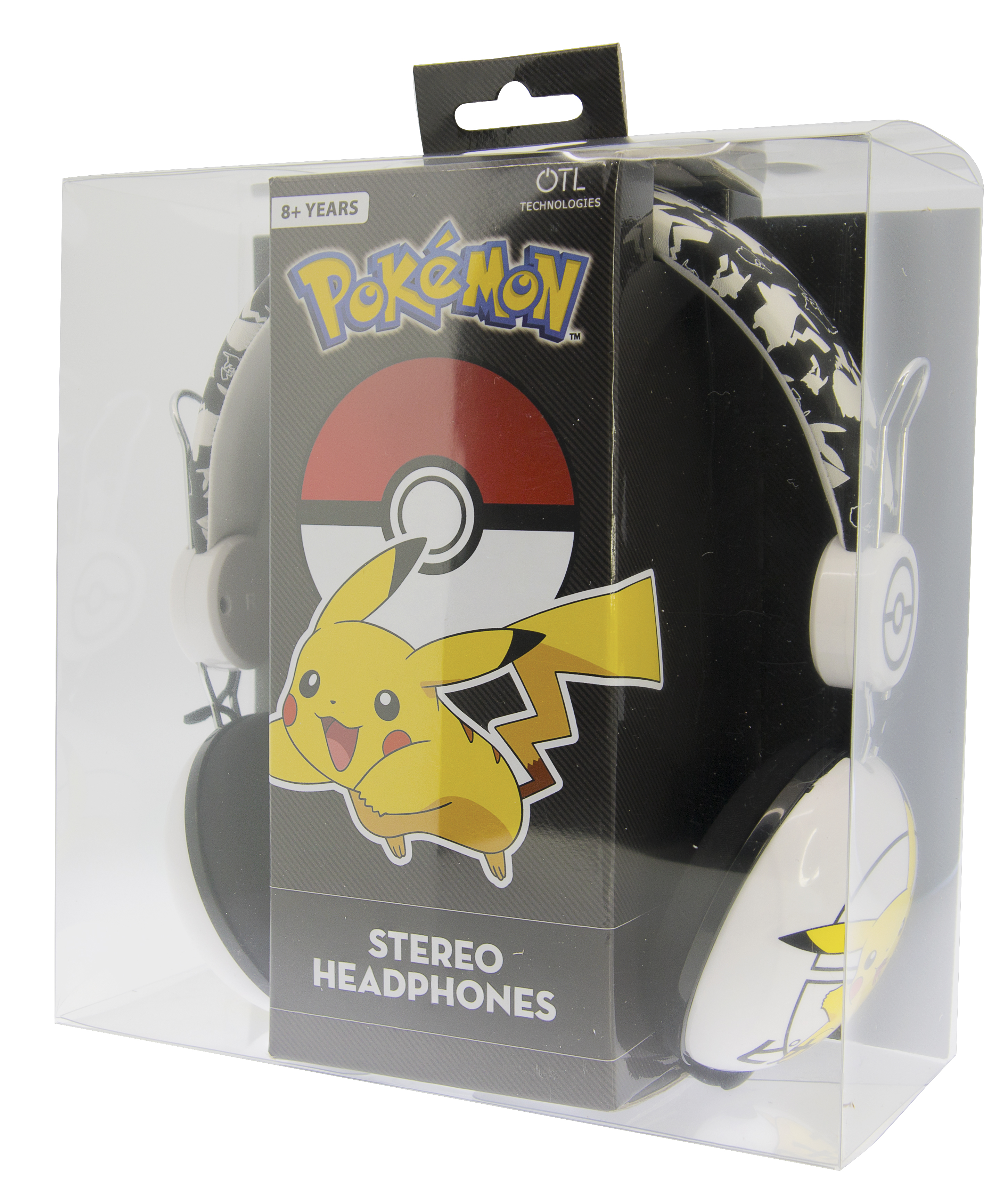 Słuchawki w przezroczystym pudełku z motywem Pokémon. Widoczny Pikachu.
