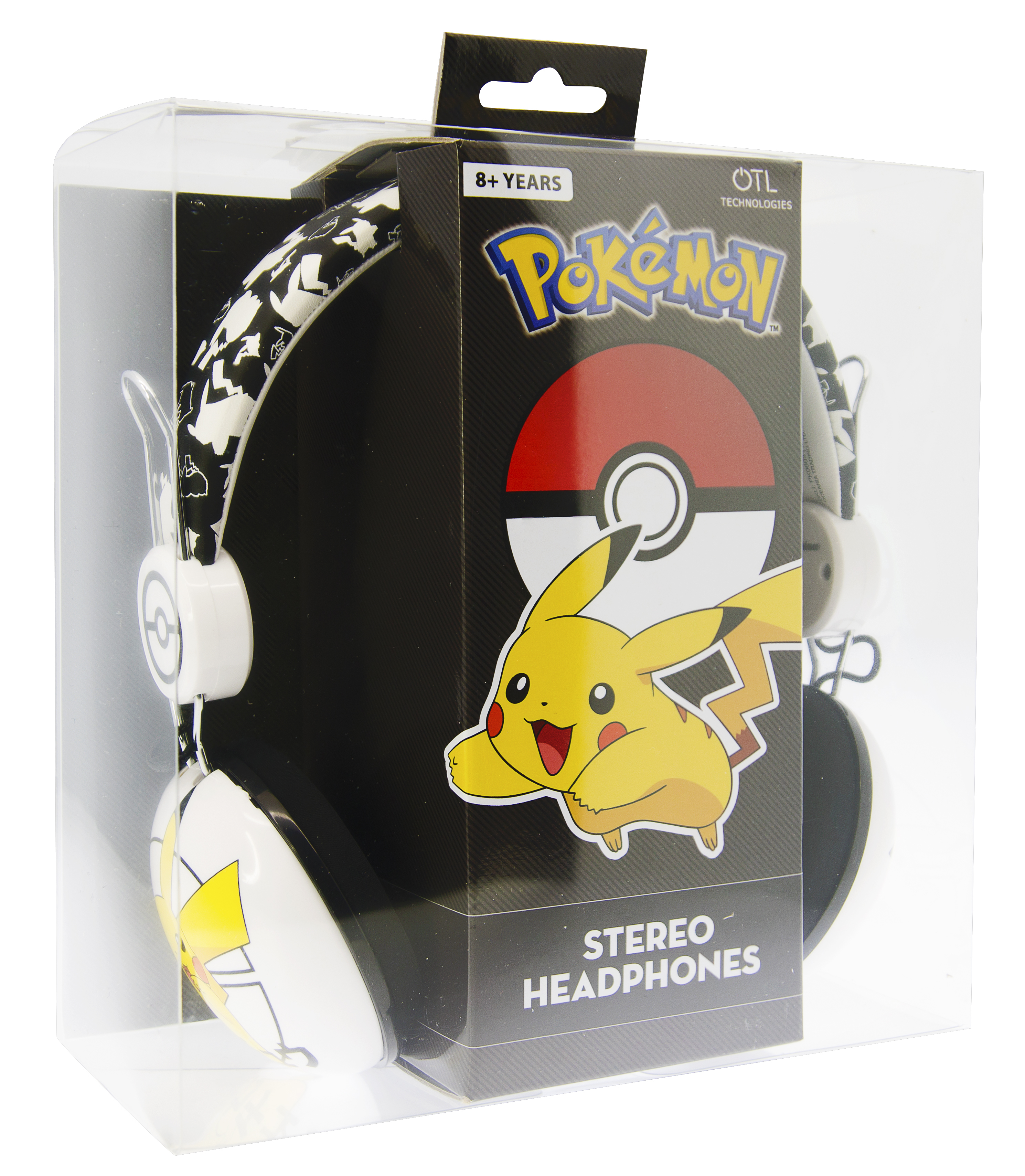 Słuchawki stereo Pokémon w przezroczystym plastikowym pudełku. Słuchawki są białe z czarnymi akcentami i logo Pikachu.