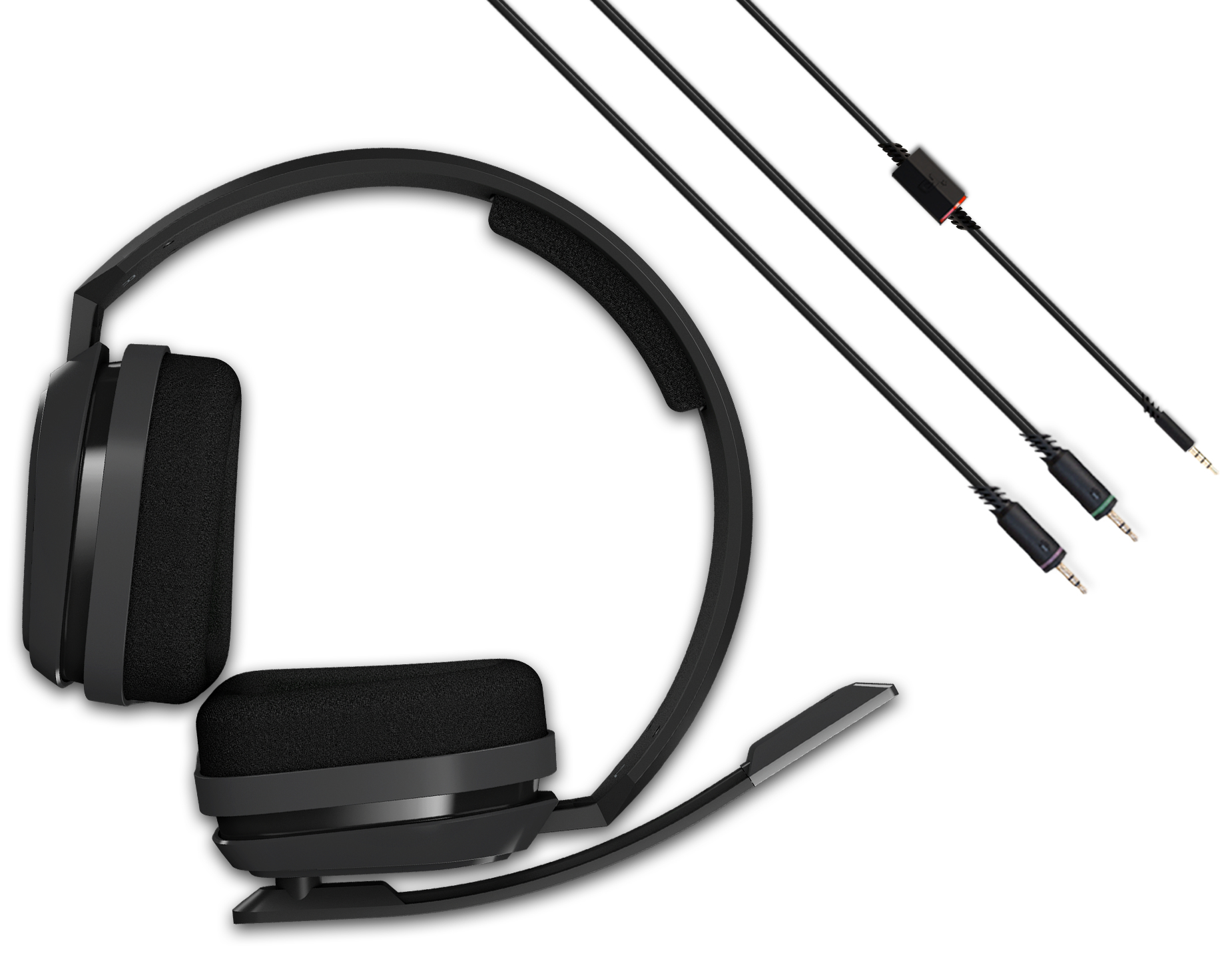 Czarny zestaw słuchawkowy dla graczy z mikrofonem, kablami i złączami.