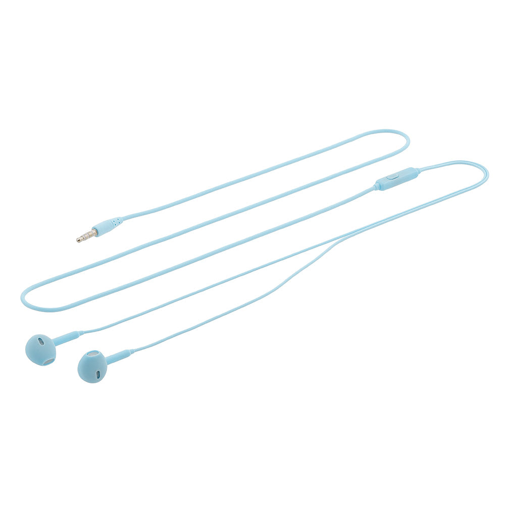 Auricolari azzurri con cavo e connettore. Gli auricolari sono semplici e minimalisti.