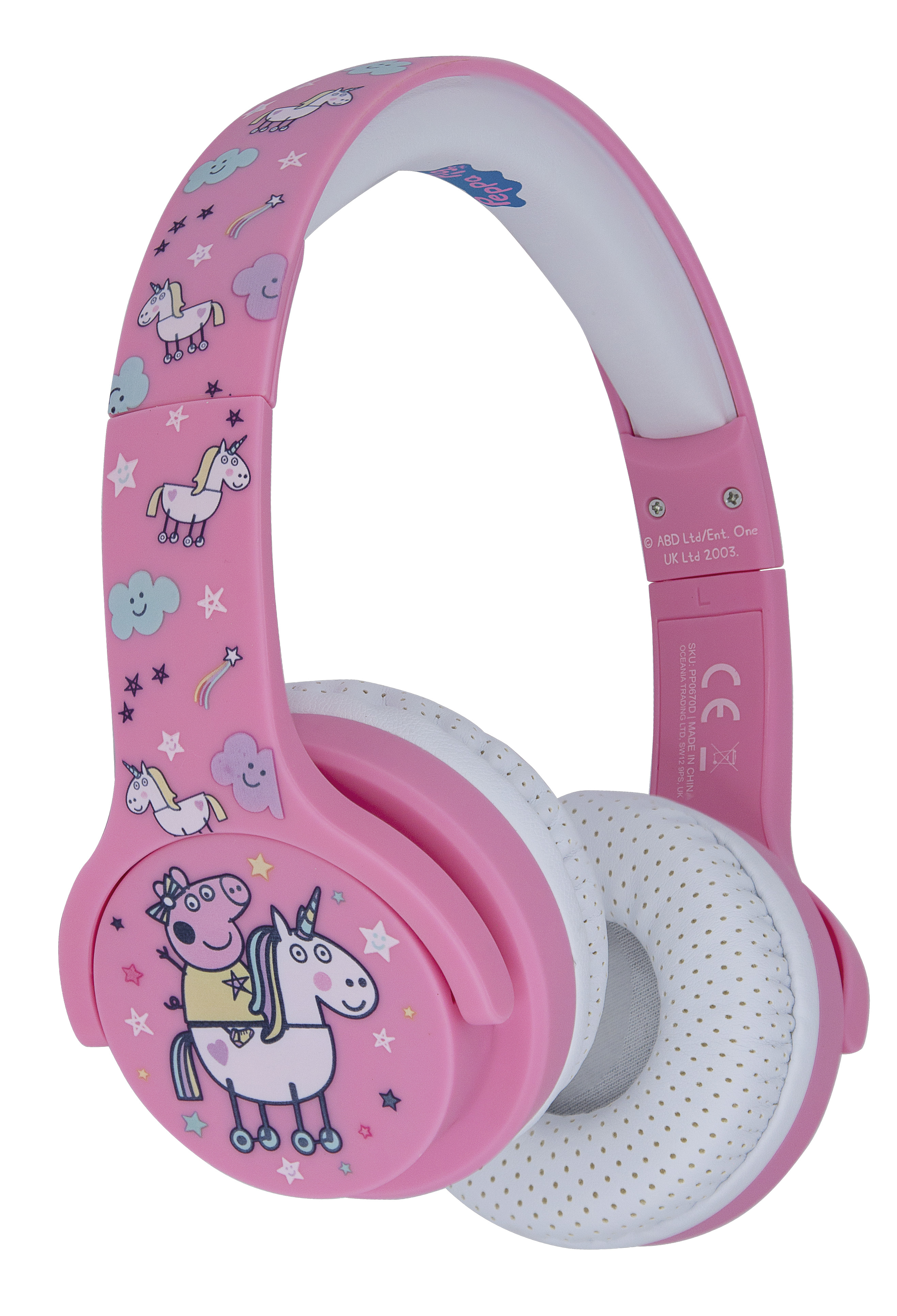 Auriculares rosas para niños con diseños de Peppa Pig y unicornios, almohadillas blancas.