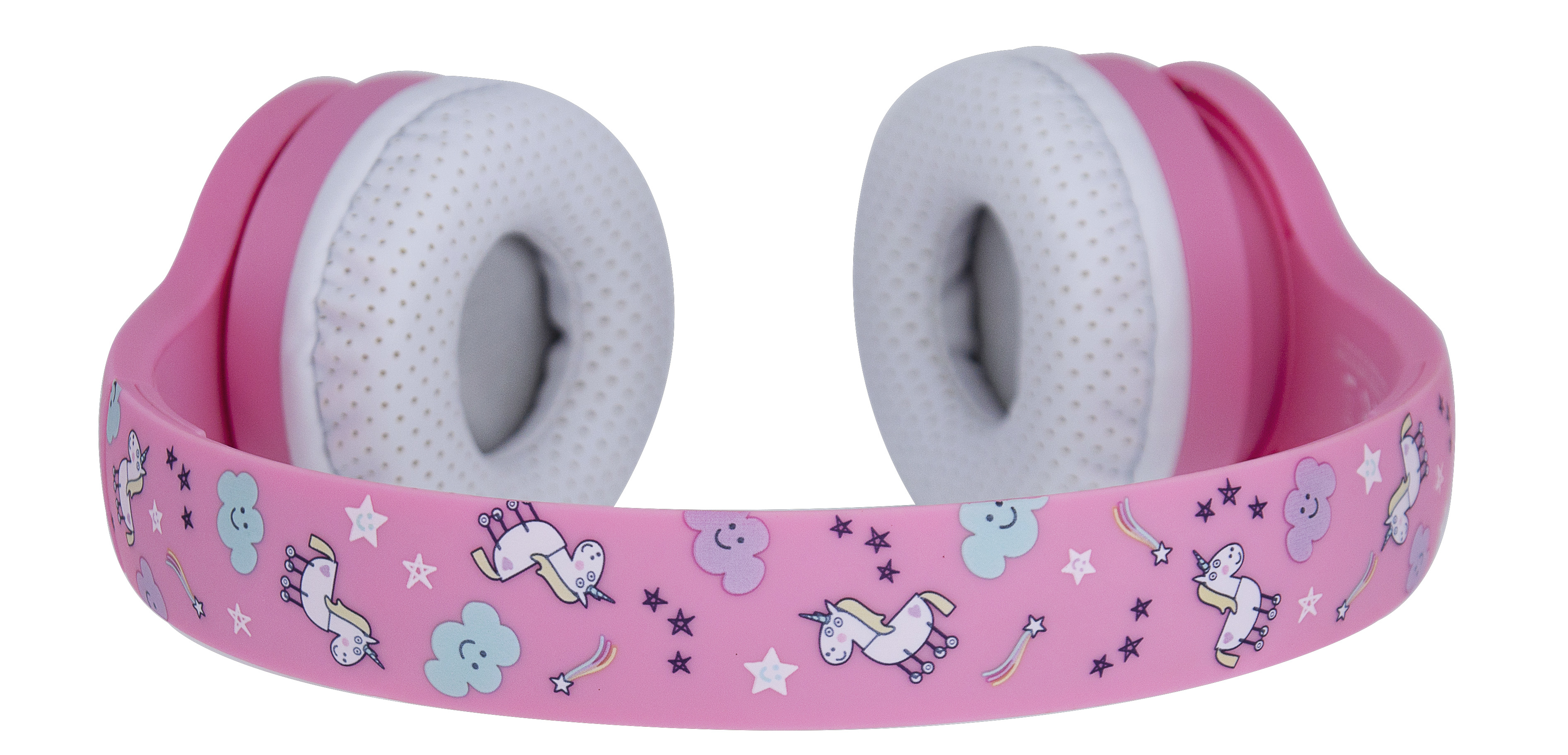 Auriculares rosas con un patrón de unicornios en la diadema.