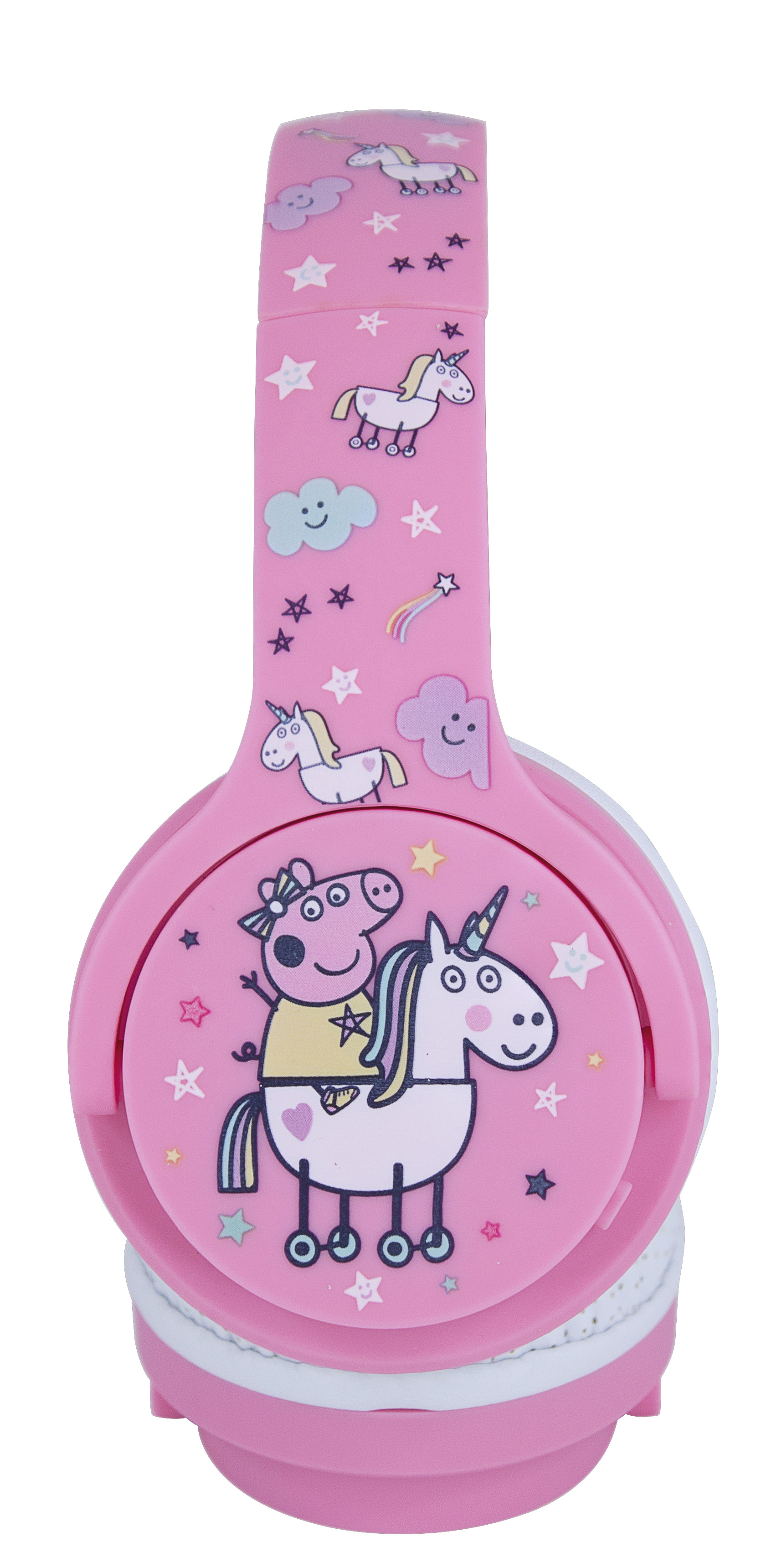 Auriculares rosas de Peppa Pig. Los auriculares tienen imágenes de Peppa Pig y un unicornio.