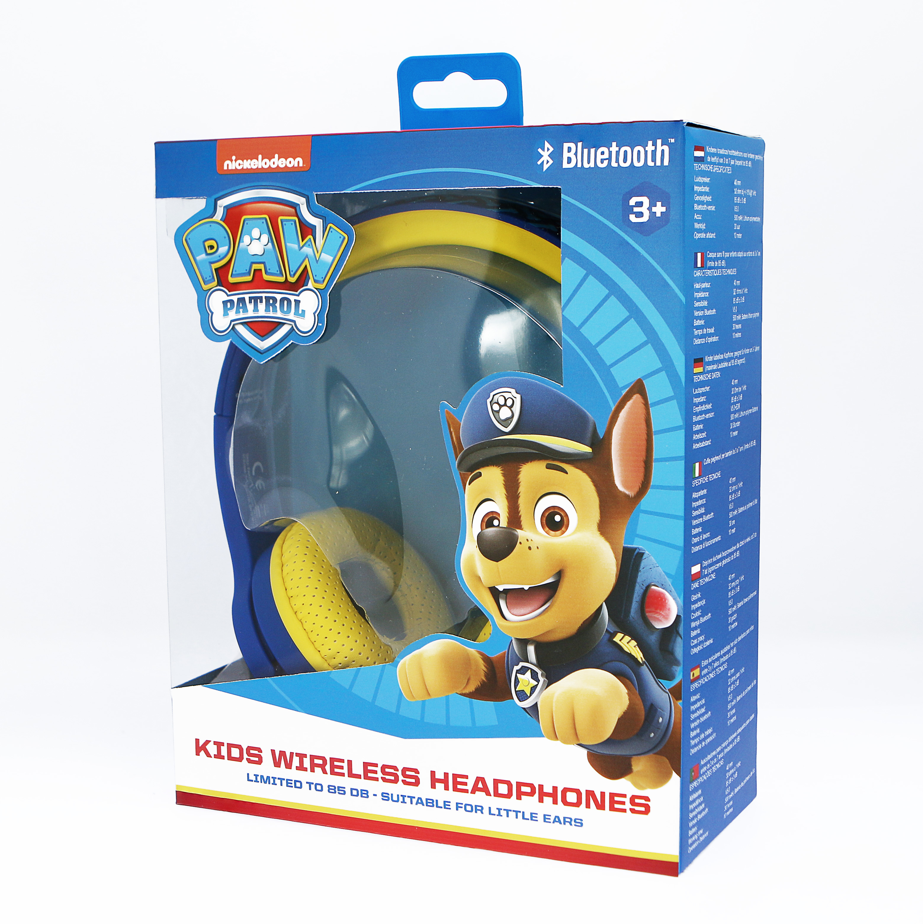 Paw Patrol Kinderkopfhörer in einer Box. Die Box zeigt Chase, ein blaues und gelbes Headset.