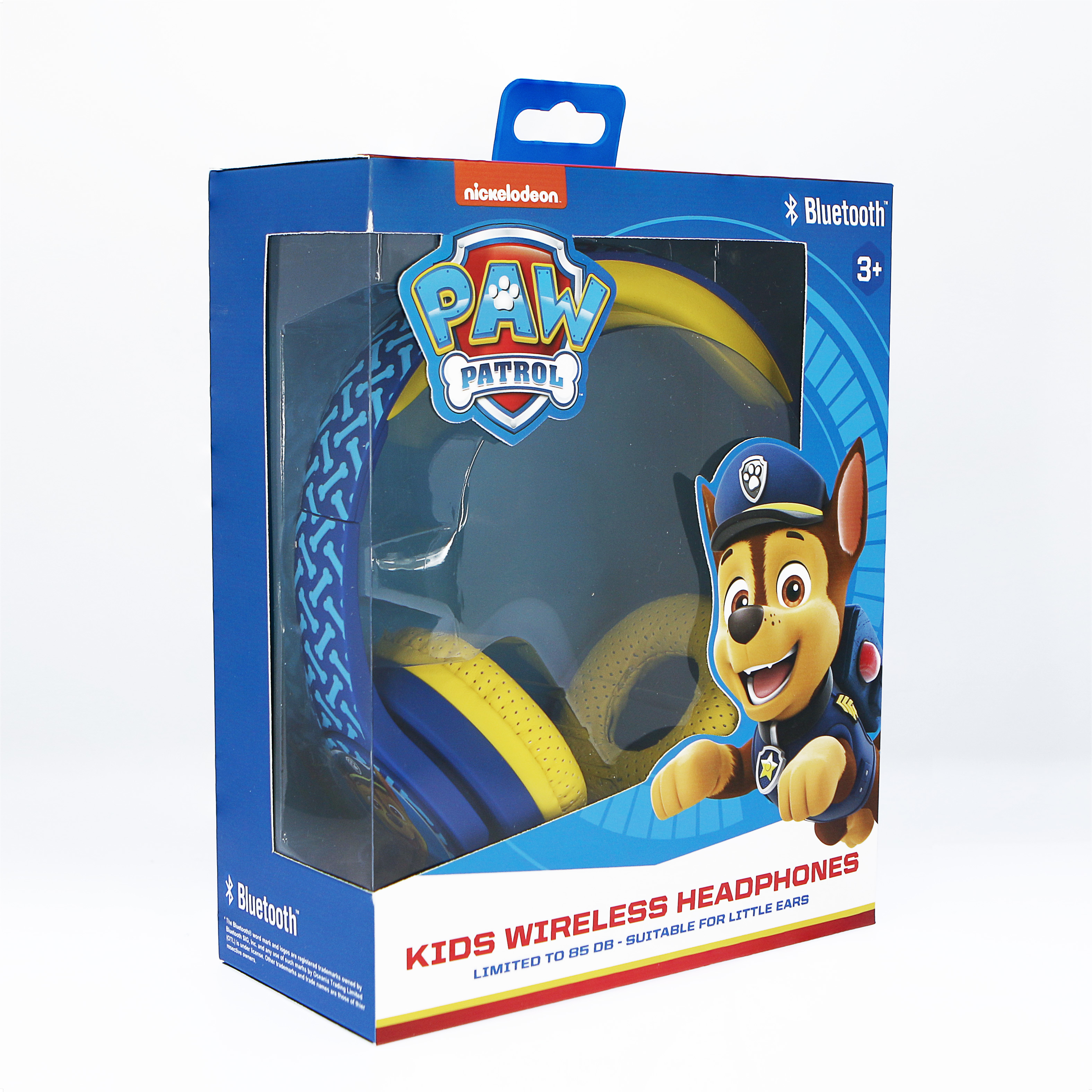 Eine Paw Patrol-Box mit kabellosen Kopfhörern und einem Cartoon von Chase dem Hund.