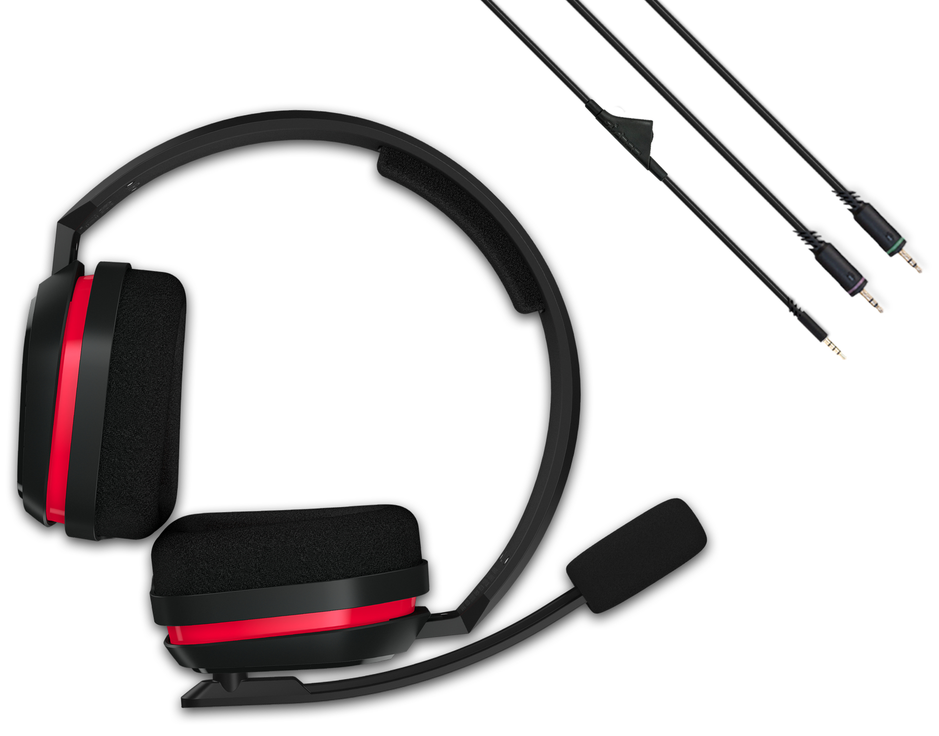 Czarny i czerwony zestaw słuchawkowy do gier z mikrofonem i trzema czarnymi kablami na białym tle.