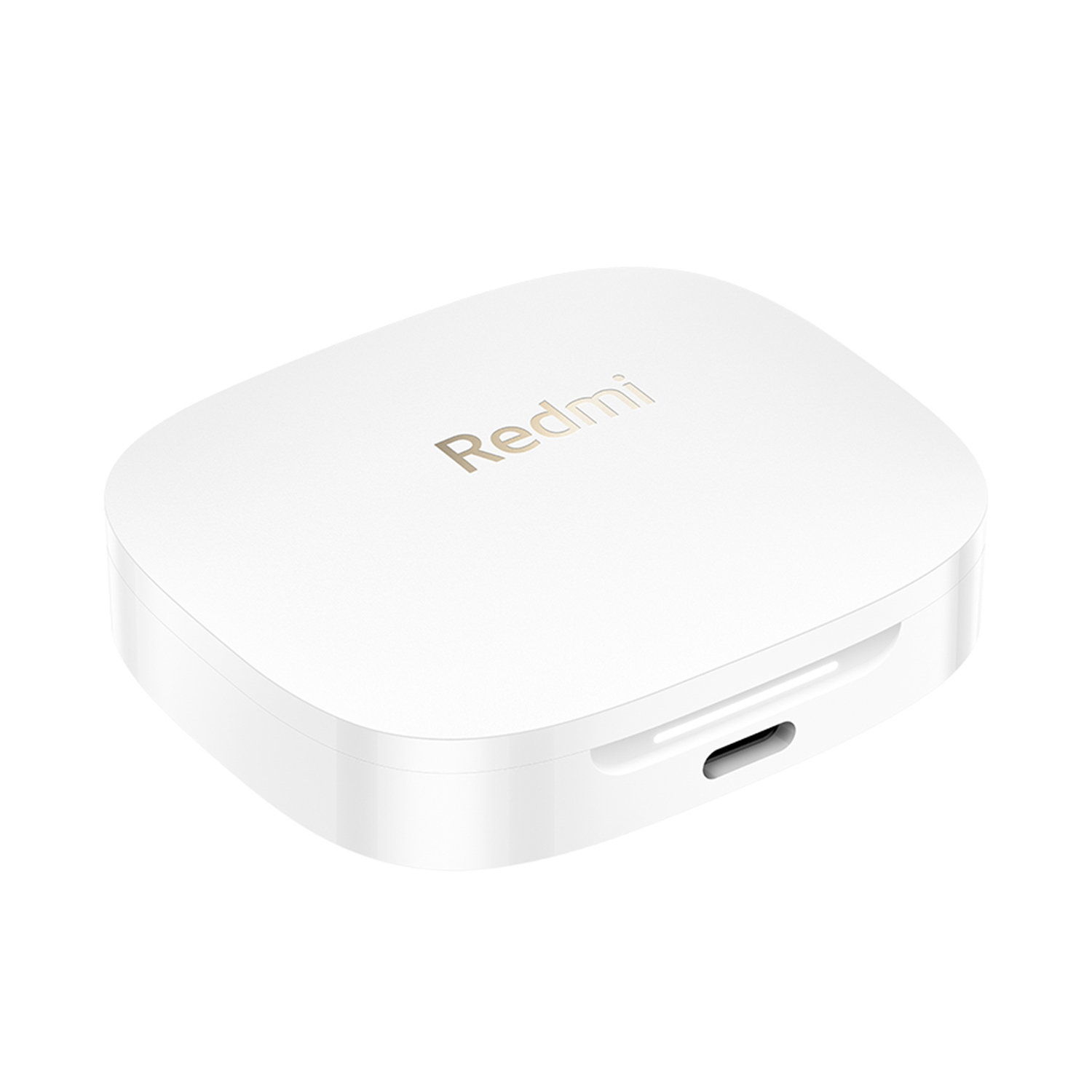 Witte Redmi oortelefooncase. Het logo is gecentreerd. De case heeft een oplaadpoort.