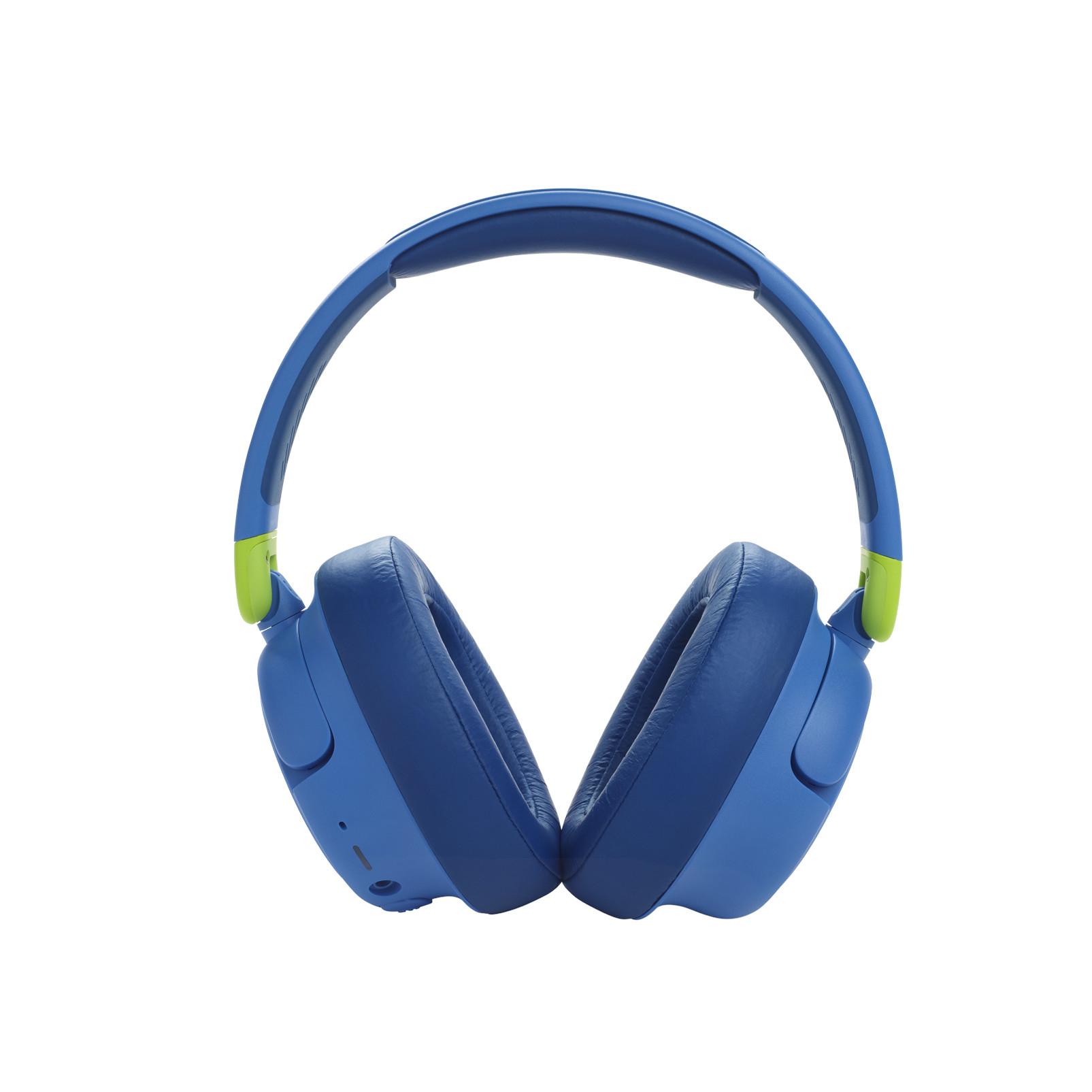Par de auriculares azules con acentos verdes, vistos de frente, aislados sobre fondo blanco.