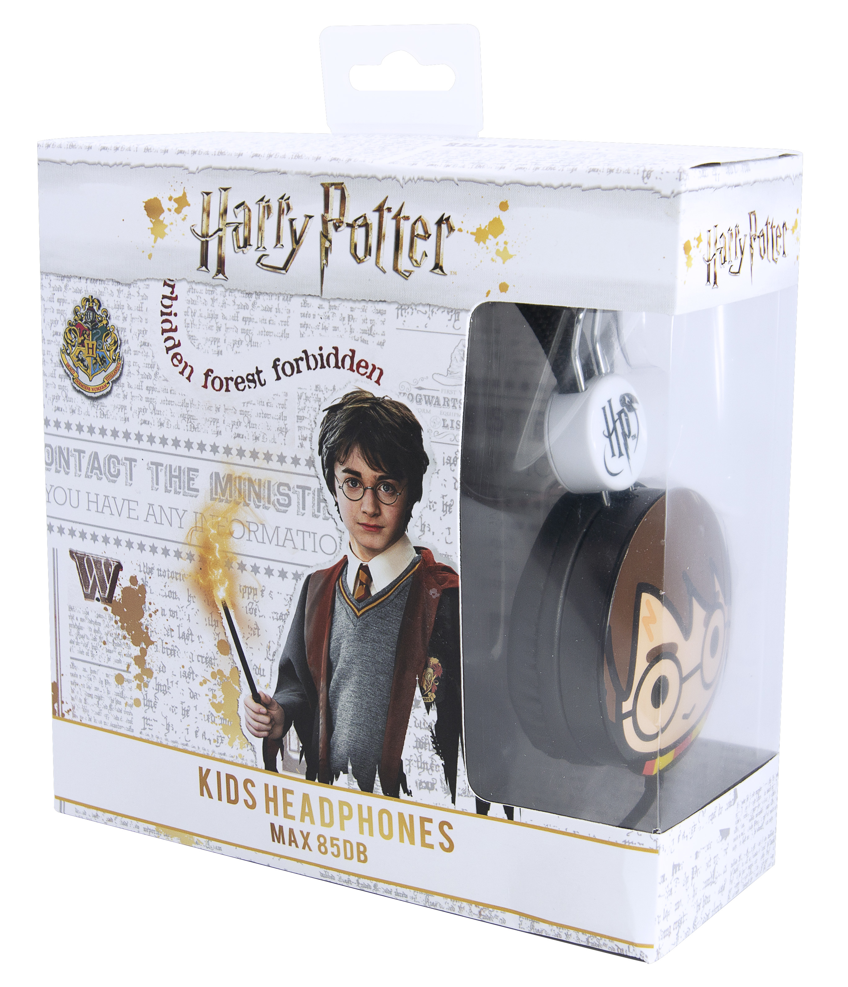 Auriculares para niños con temática de Harry Potter en caja. La caja tiene el logo e imagen de Harry Potter.