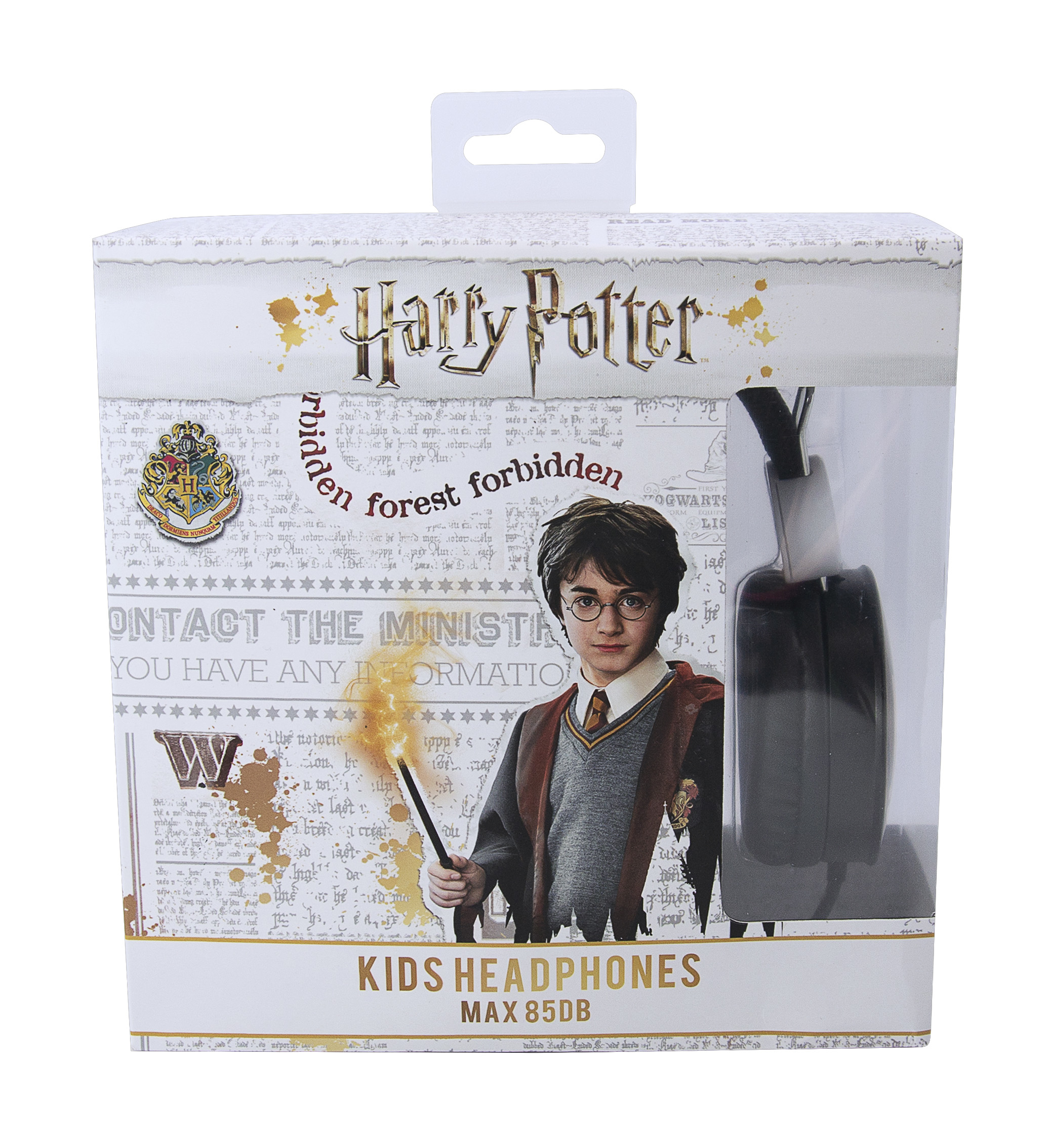 Auriculares para niños con temática de Harry Potter en embalaje. La caja muestra a Harry Potter sosteniendo una varita. Auriculares negros.