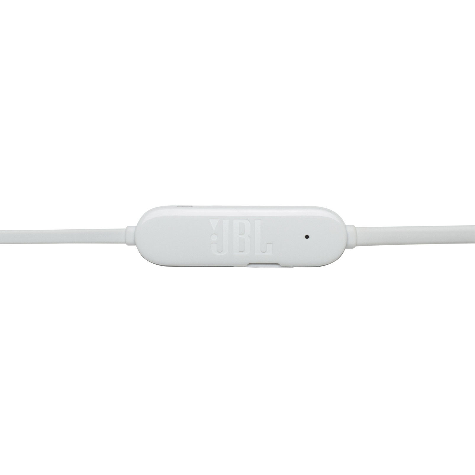 Cuffie in-ear JBL bianche con pannello di controllo e logo. Sfondo bianco.