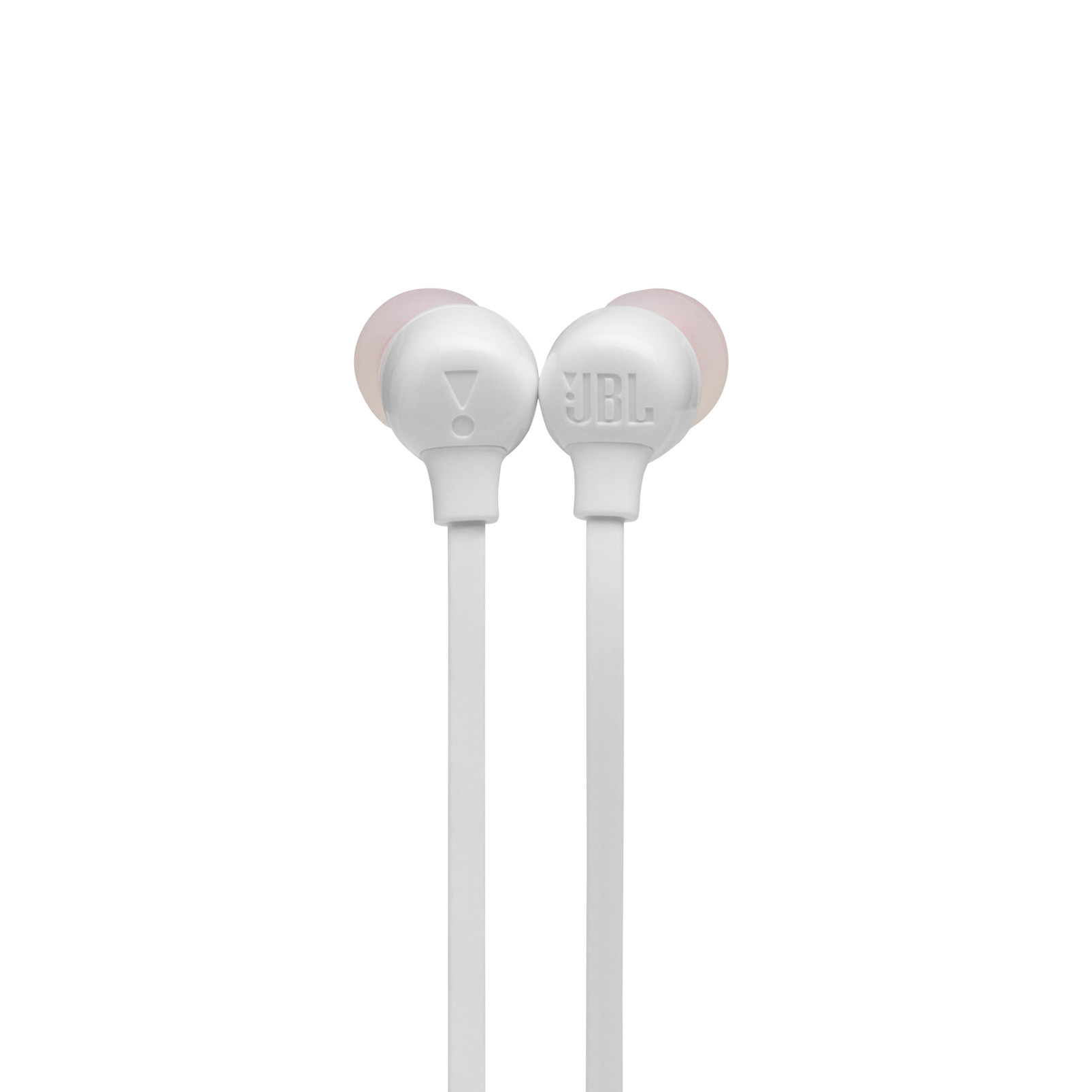 Auricolari JBL bianchi con gommini rosa. Cavo bianco, sfondo bianco.