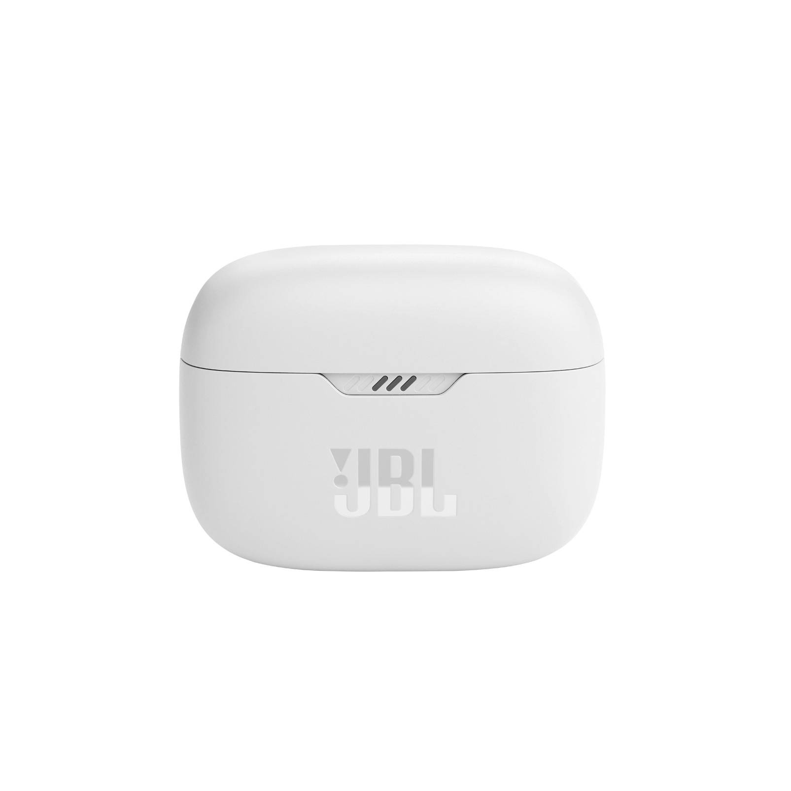 Ein weißes Ladecase für Ohrhörer mit JBL-Logo und kleiner Öffnung.