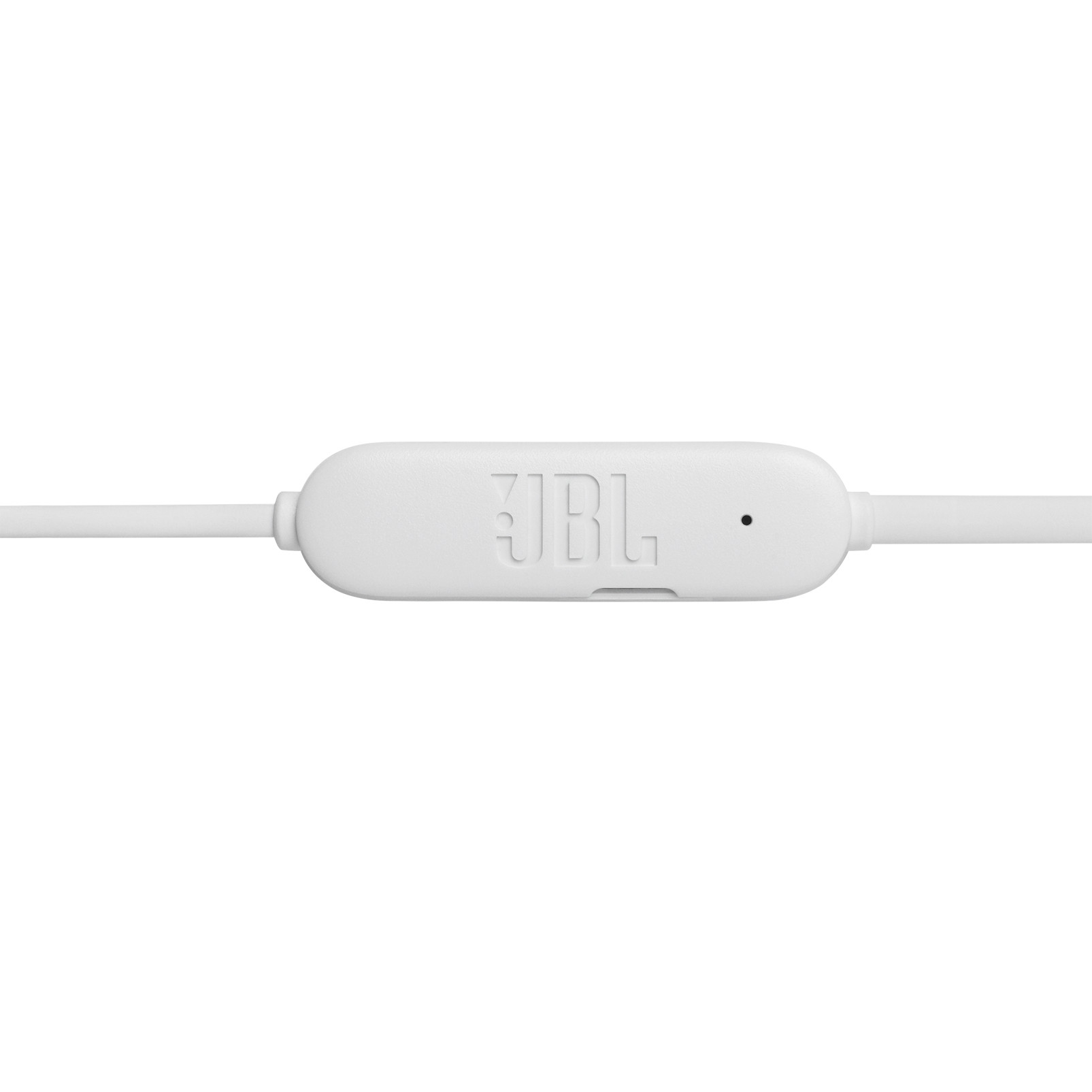 Una unidad de control JBL blanca en un cable blanco. Diseño simple y limpio.