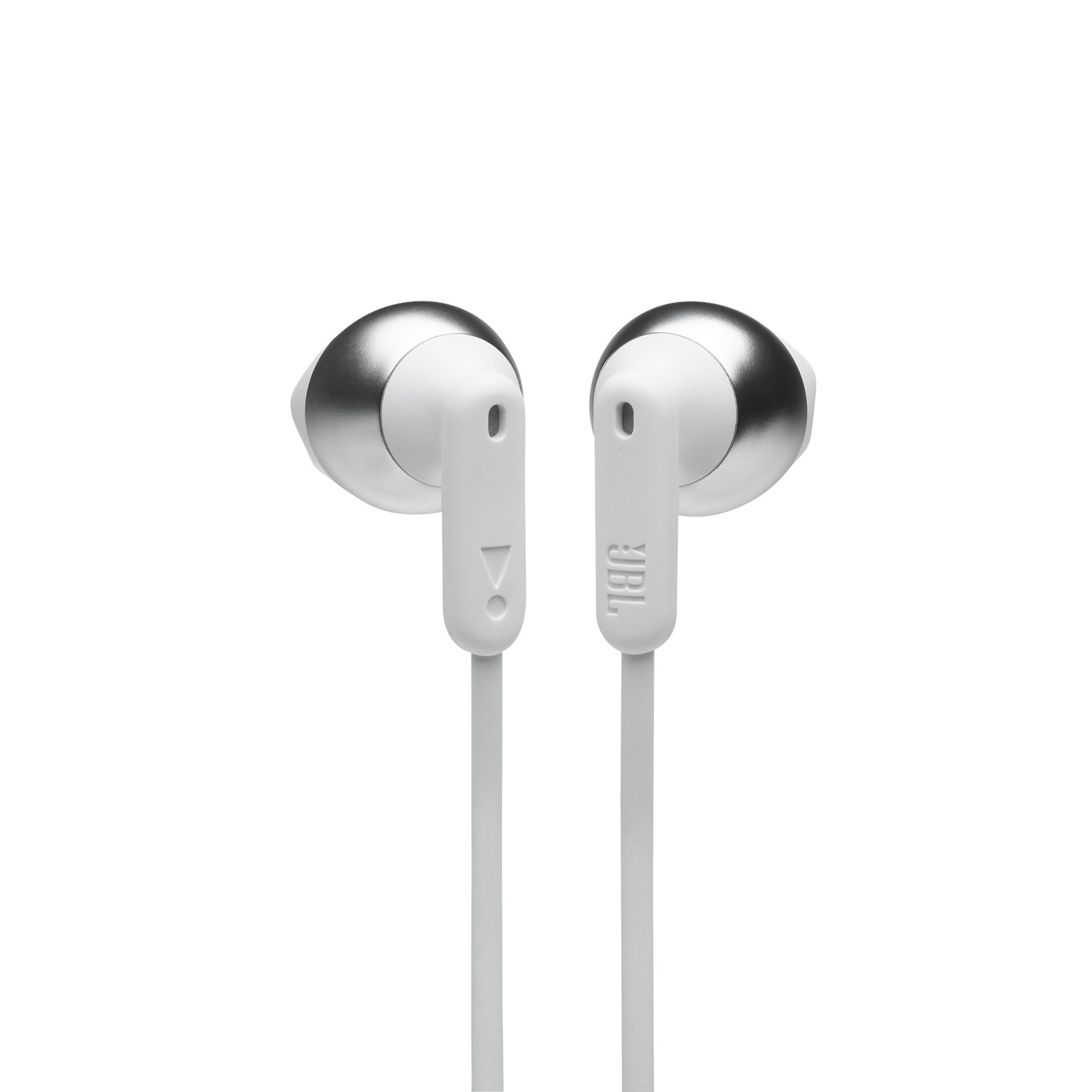 Auriculares internos blancos y plateados sobre un fondo blanco.