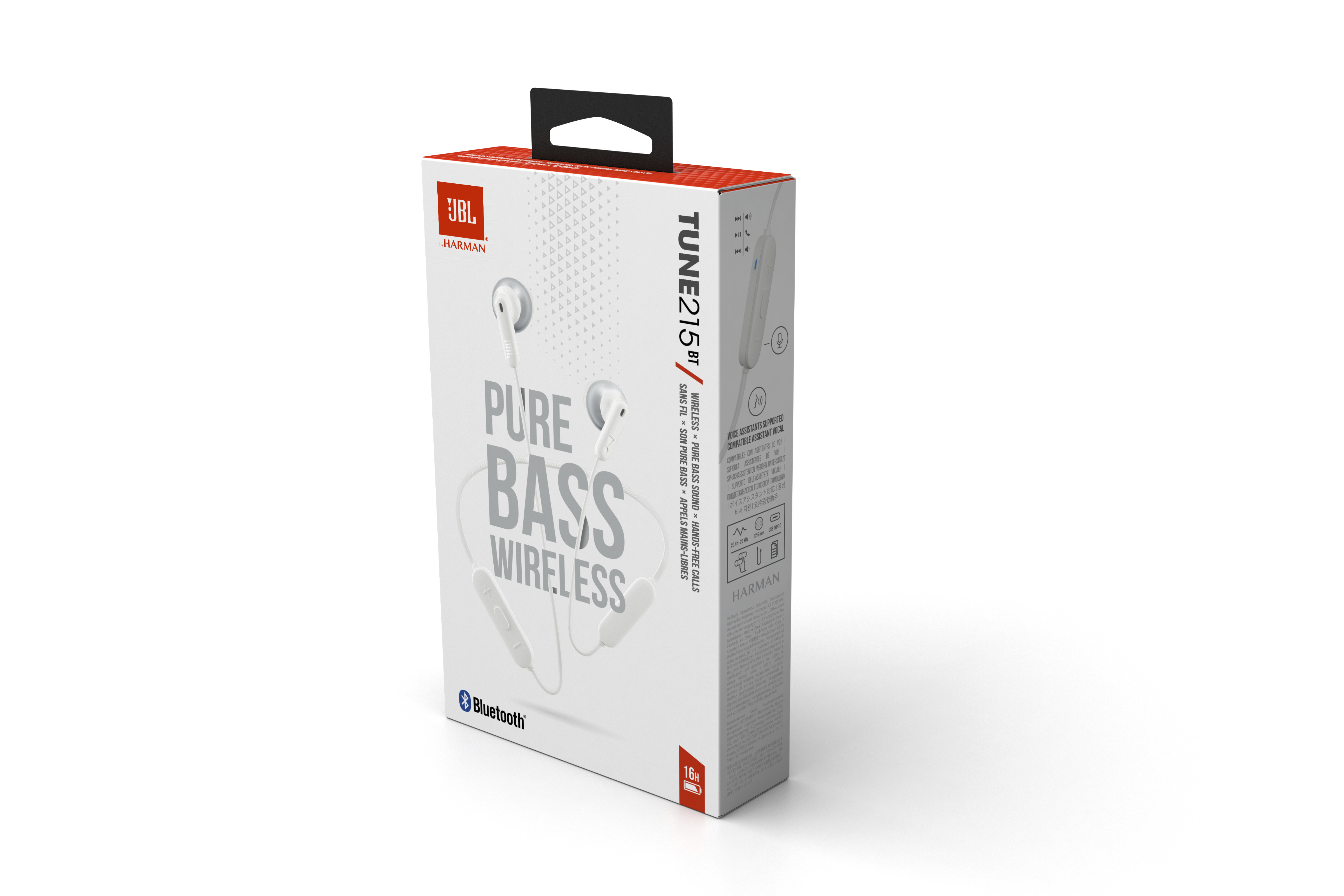 Caja de auriculares JBL. Caja blanca con detalles rojos.