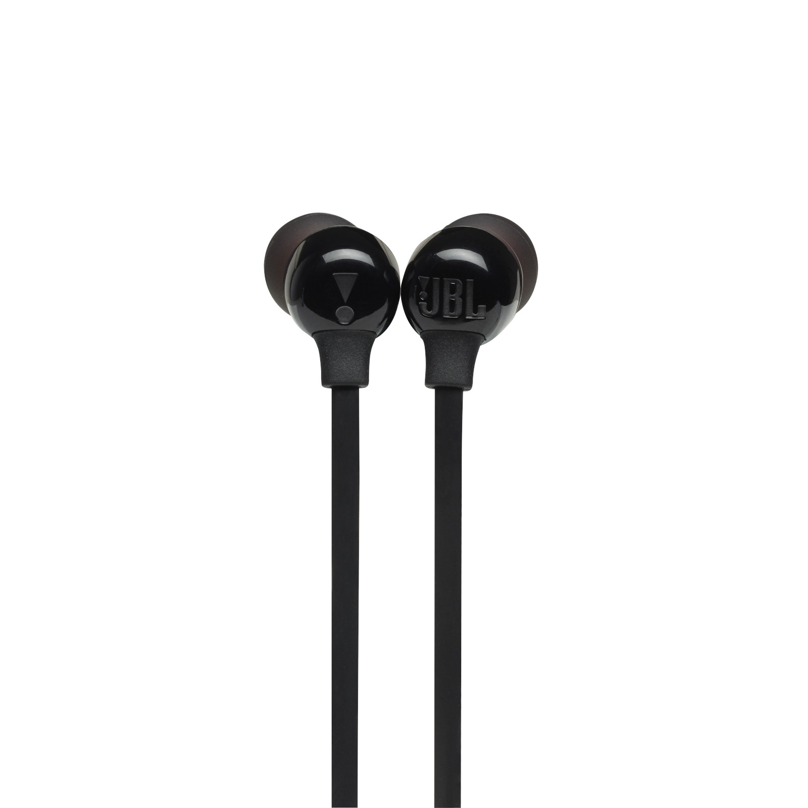 Due auricolari neri con il logo JBL, collegati da un filo, isolati su bianco.