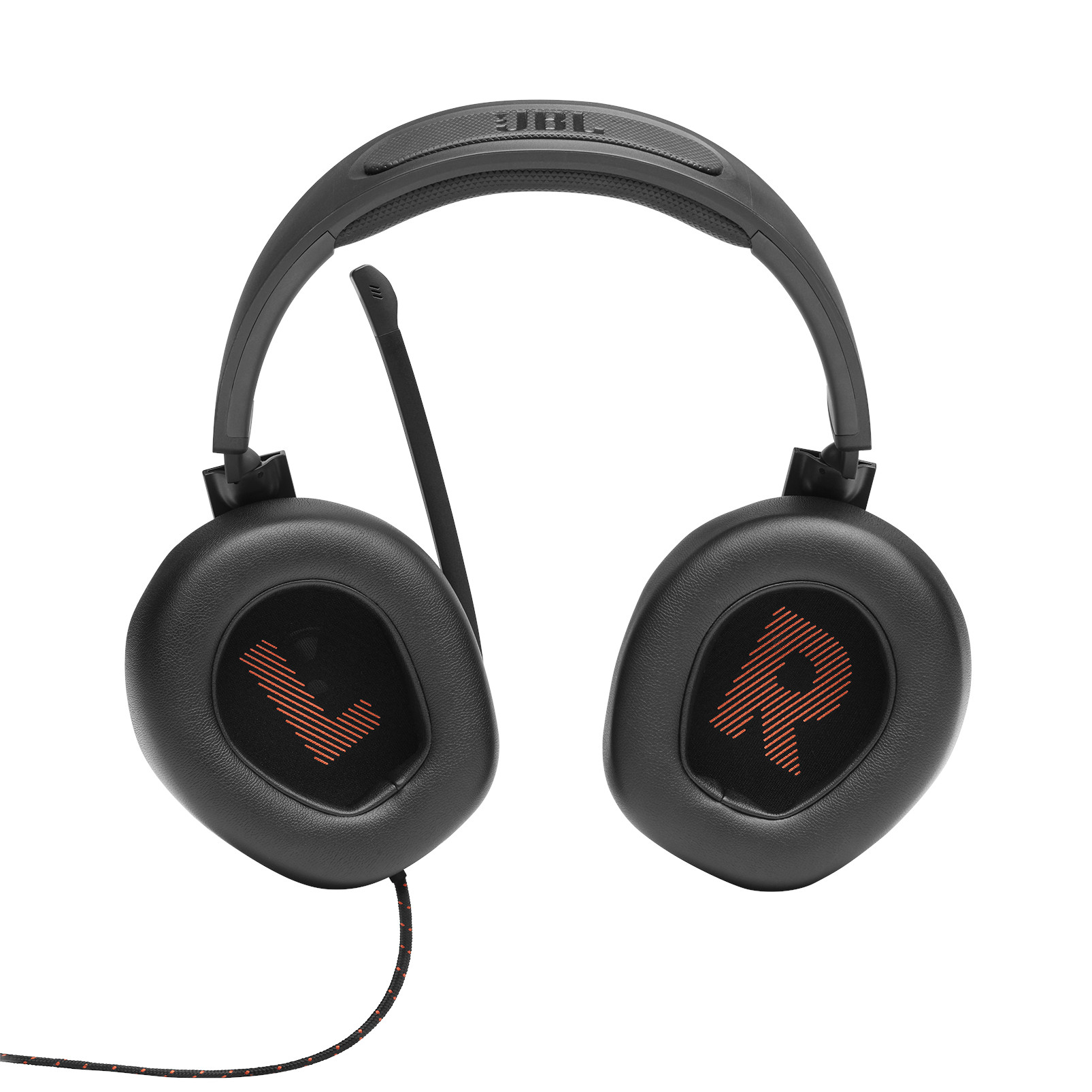 Schwarze JBL Gaming-Kopfhörer mit Mikrofon. Oranger Buchstabe 'R' auf der Ohrmuschel. Weißer Hintergrund.