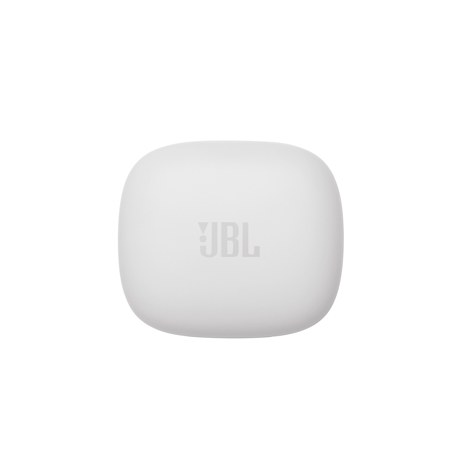 Custodia di ricarica per auricolari JBL bianca, forma quadrata arrotondata, con logo JBL sulla parte superiore.