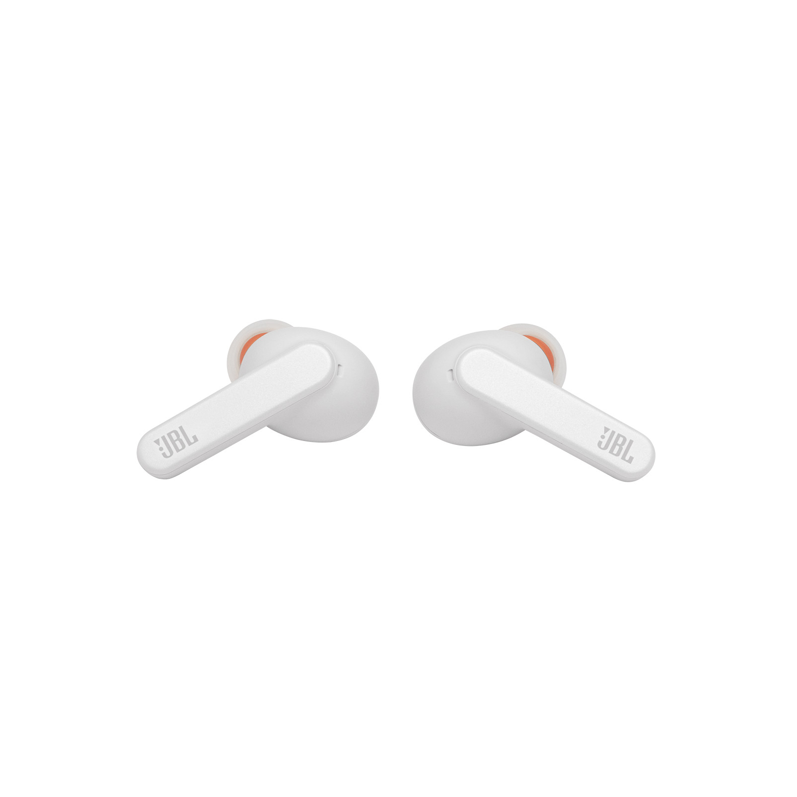 Due auricolari bianchi con uno stelo bianco, su sfondo bianco.