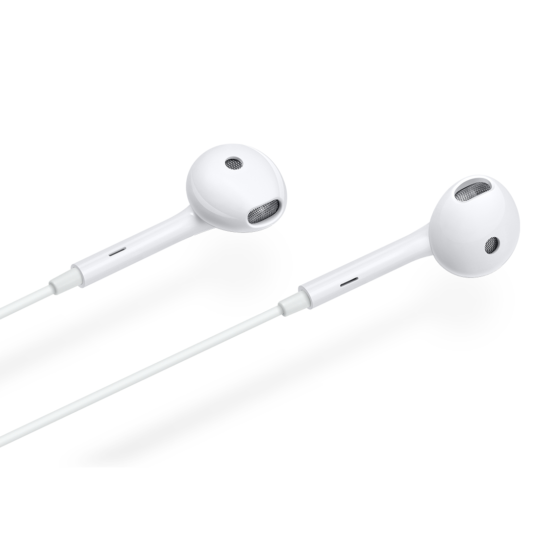 Auricolari bianchi, con un cavo bianco. Sono su sfondo bianco.