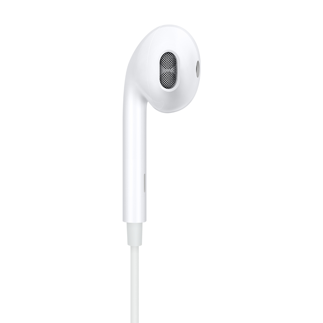 Weiße Apple Ohrhörer. Die Ohrhörer befinden sich im Vordergrund. Ein weißes Kabel ist befestigt.