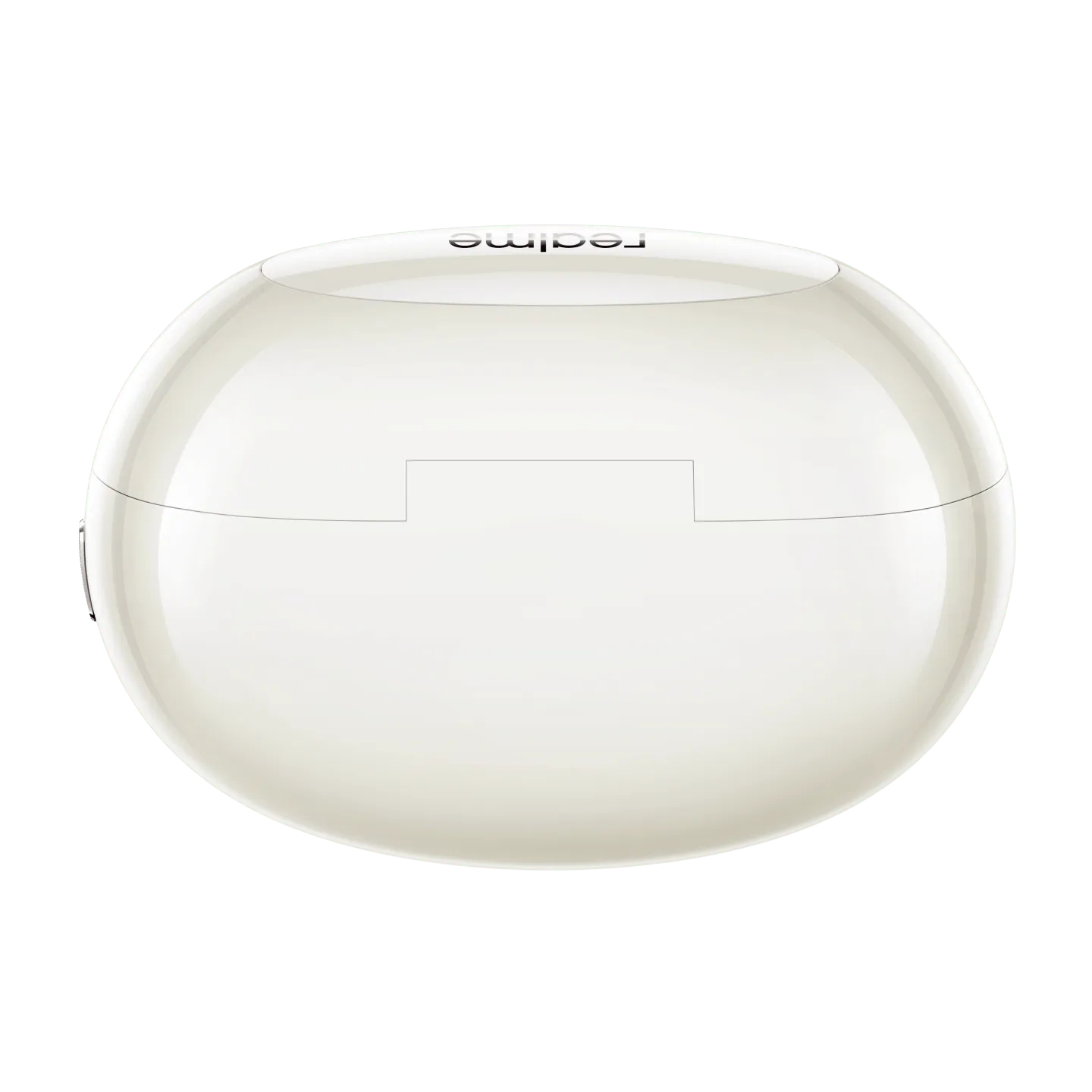 Custodia per auricolari realme bianca, vista dall'alto, isolata su bianco. Design arrotondato, finitura lucida.
