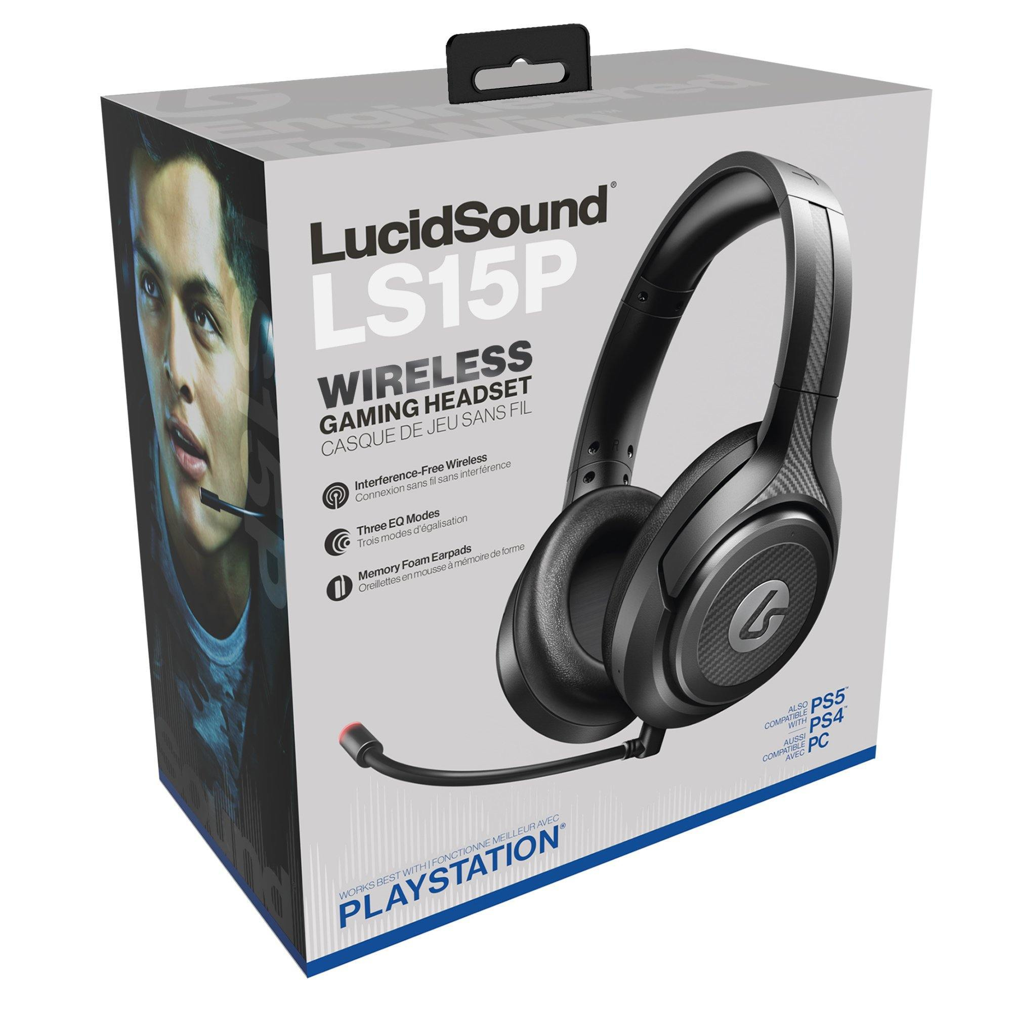 Scatola per cuffie da gioco wireless LucidSound LS15P. Volto maschile a sinistra.