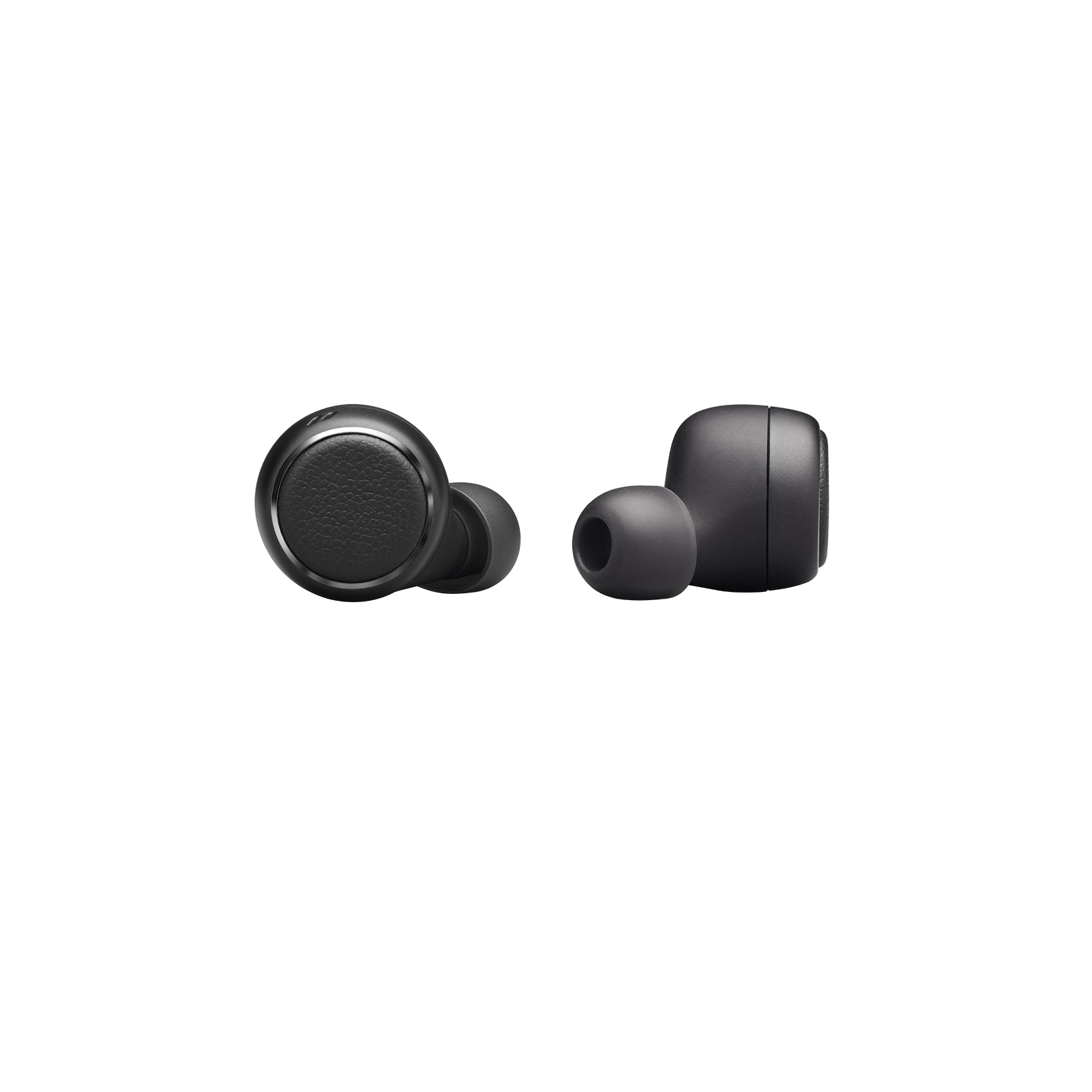 Auriculares inalámbricos negros sobre fondo blanco. Uno está girado.