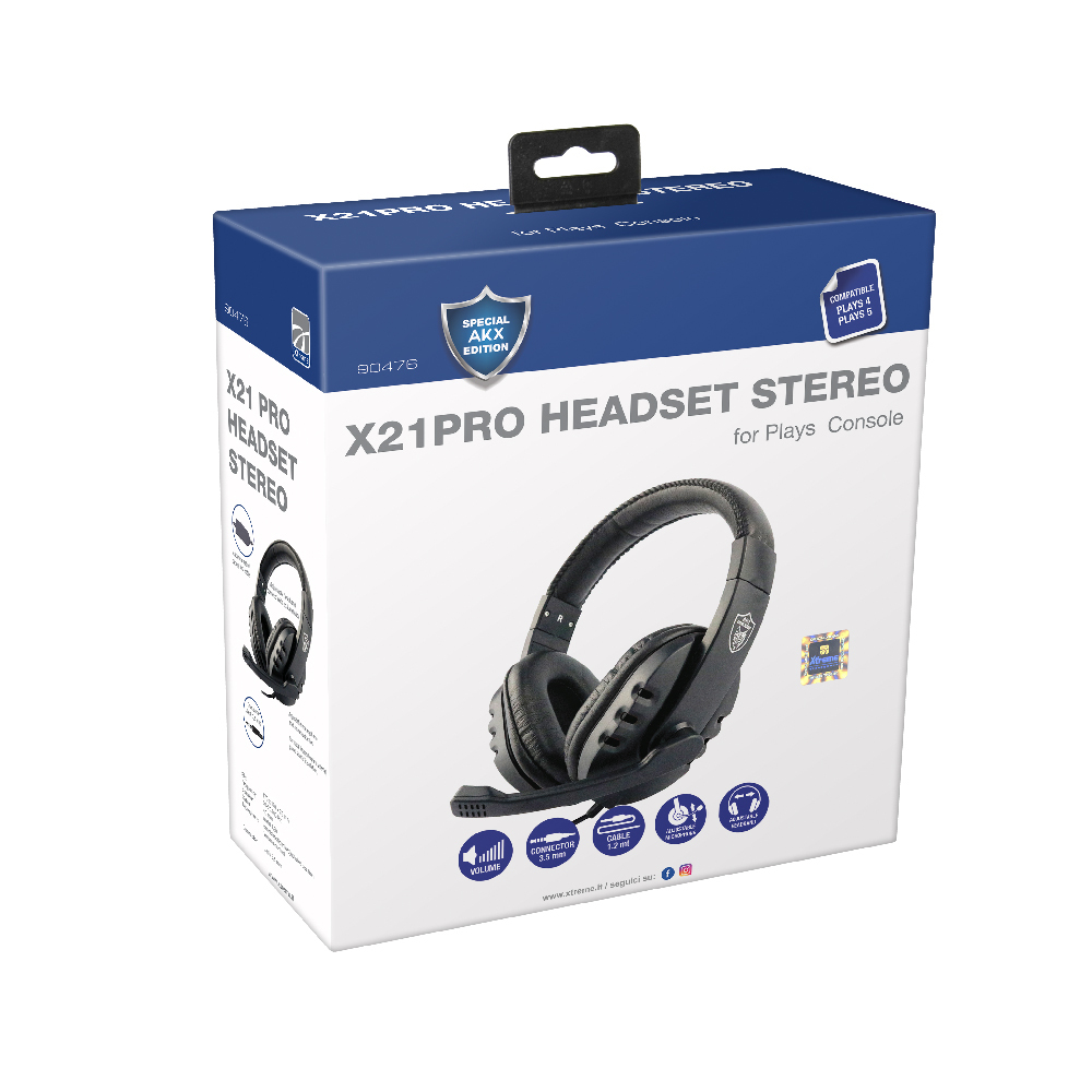 Una scatola di cuffie stereo X21PRO per Plays Console, che mostra le cuffie, su bianco.