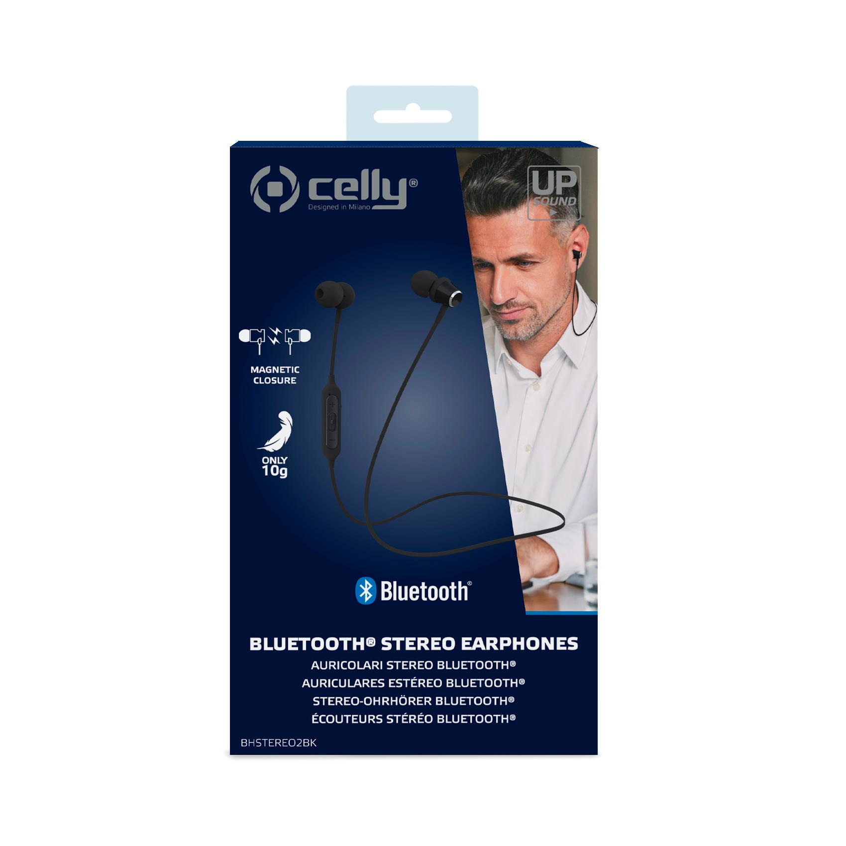 Scatola di auricolari stereo Bluetooth neri con foto di un uomo che li indossa.