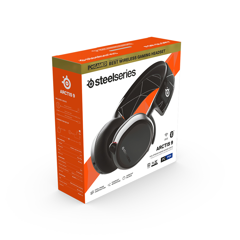 Eine Headset-Box für das Gaming-Headset "Steelseries Arctis 9". Die Box ist orange und weiß.