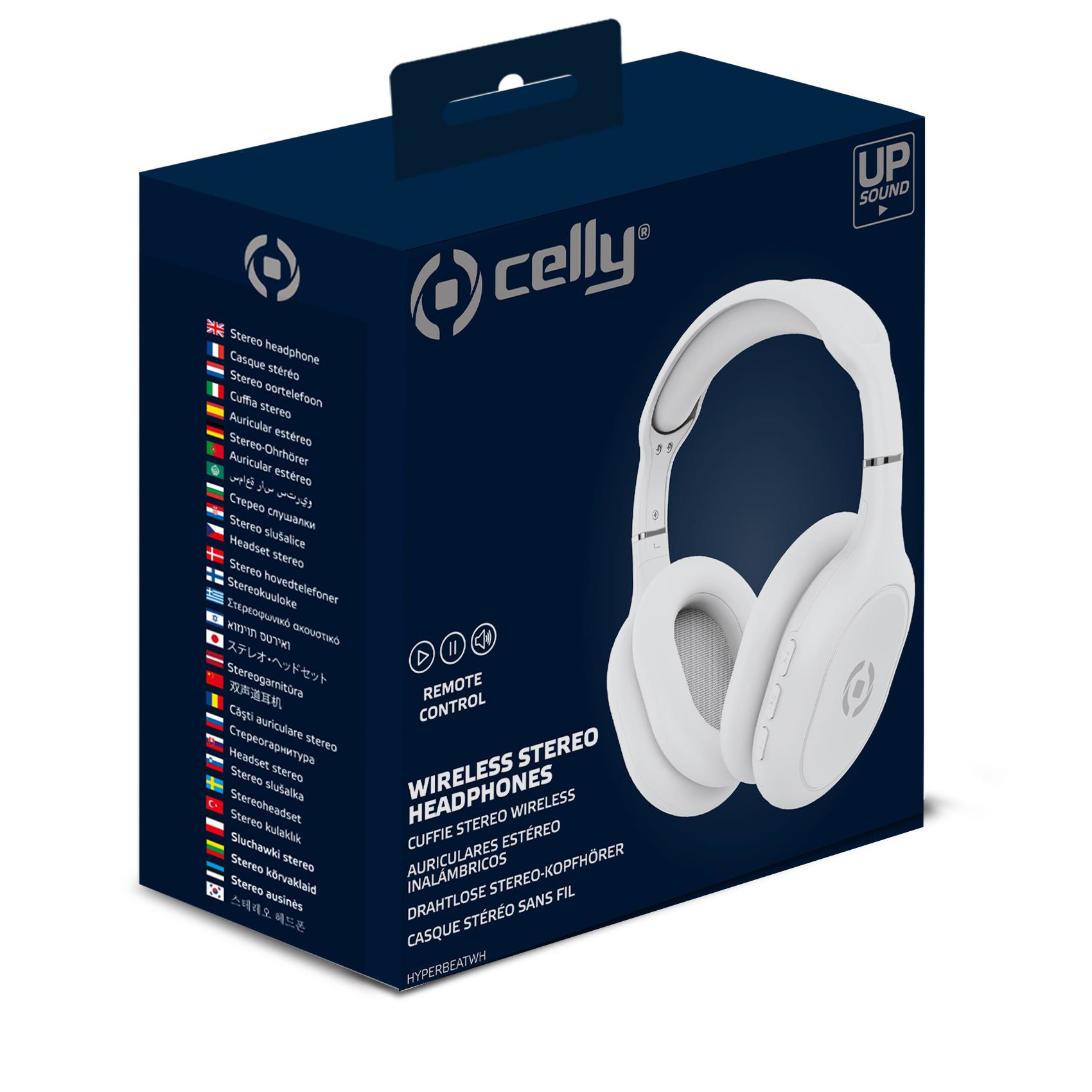 Scatola per cuffie wireless Celly, cuffie bianche visibili. Testo in più lingue. Logo Up sound.