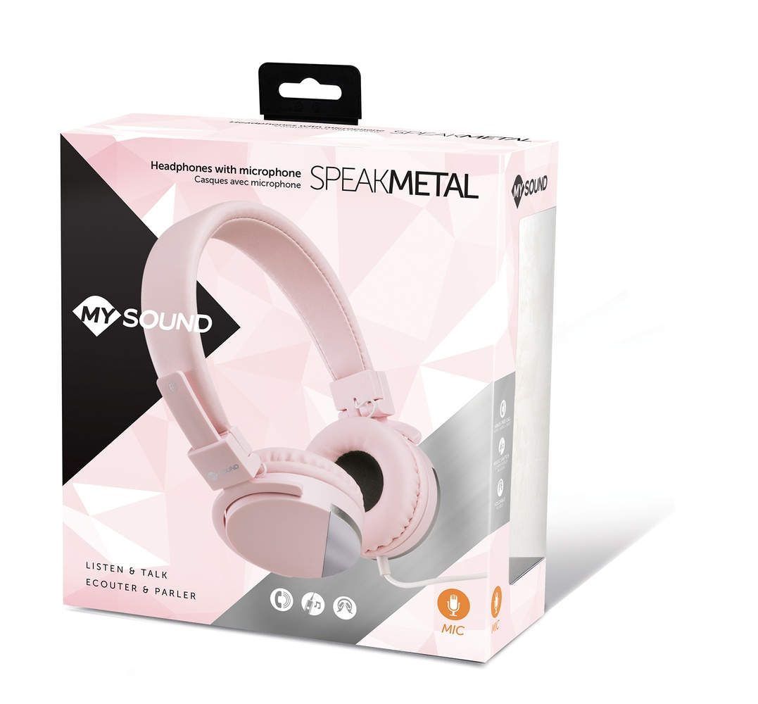 Cuffie rosa in una scatola con testo. La scatola è su sfondo bianco.